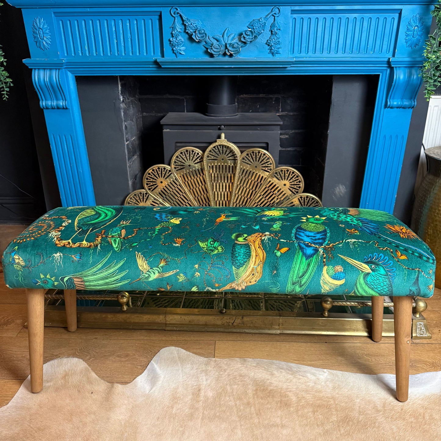 Emma Shipley Quetzal green velvet bench / window seat / shoe bench