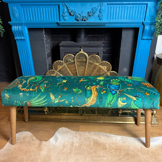 Emma Shipley Quetzal green velvet bench / window seat / shoe bench