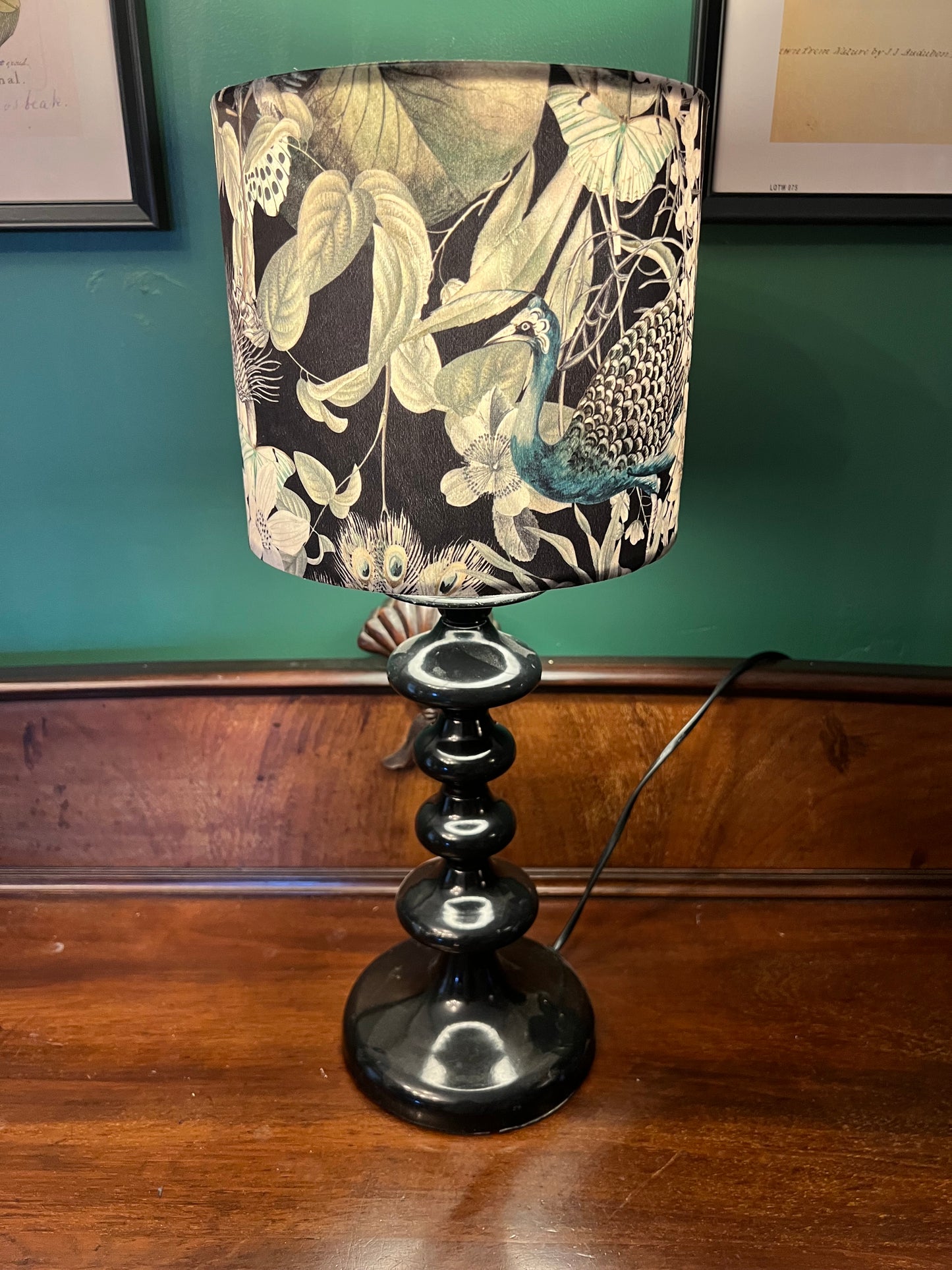 Peacocks & butterflies black velvet lampshade