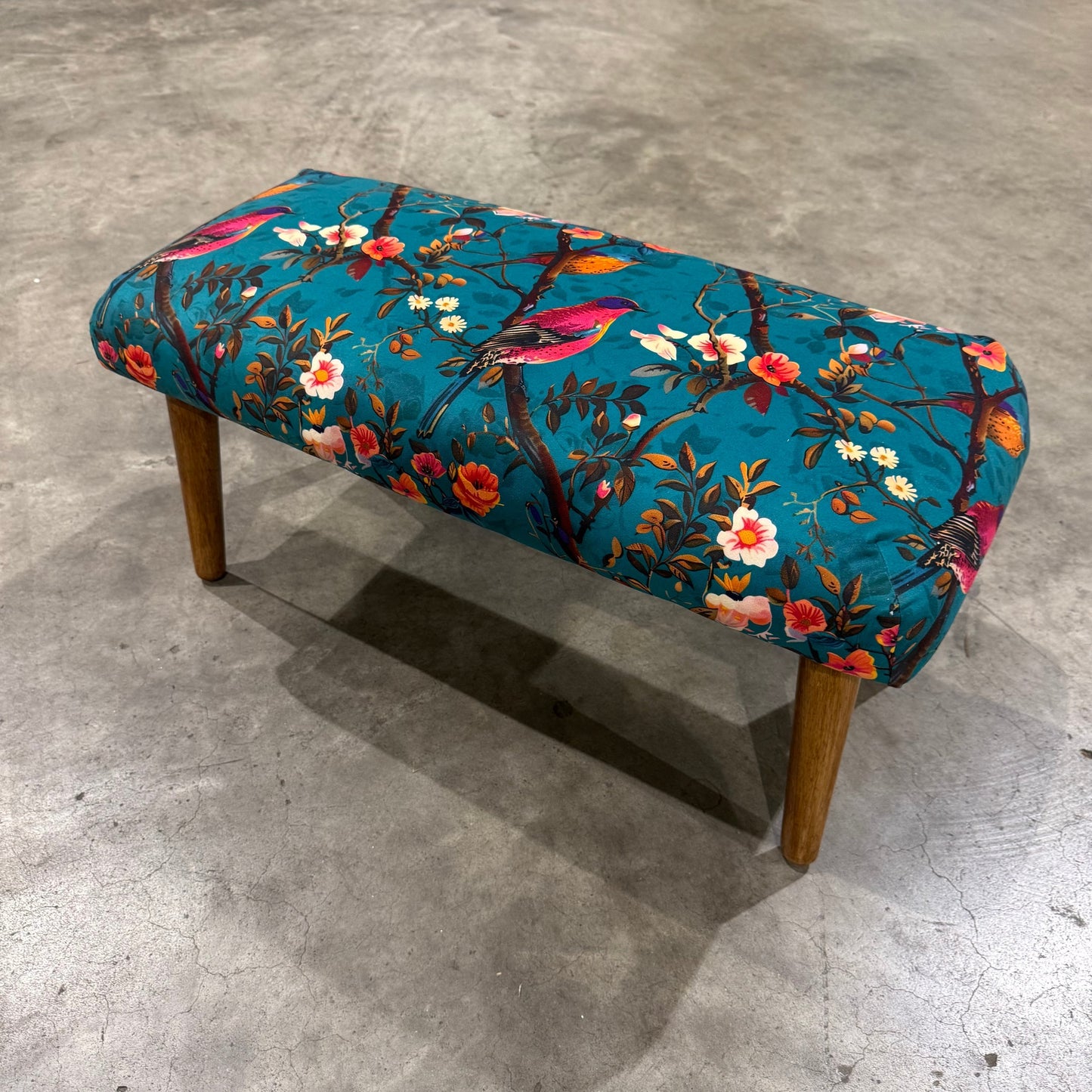 Perching birds teal velvet Footstool with Scandi legs