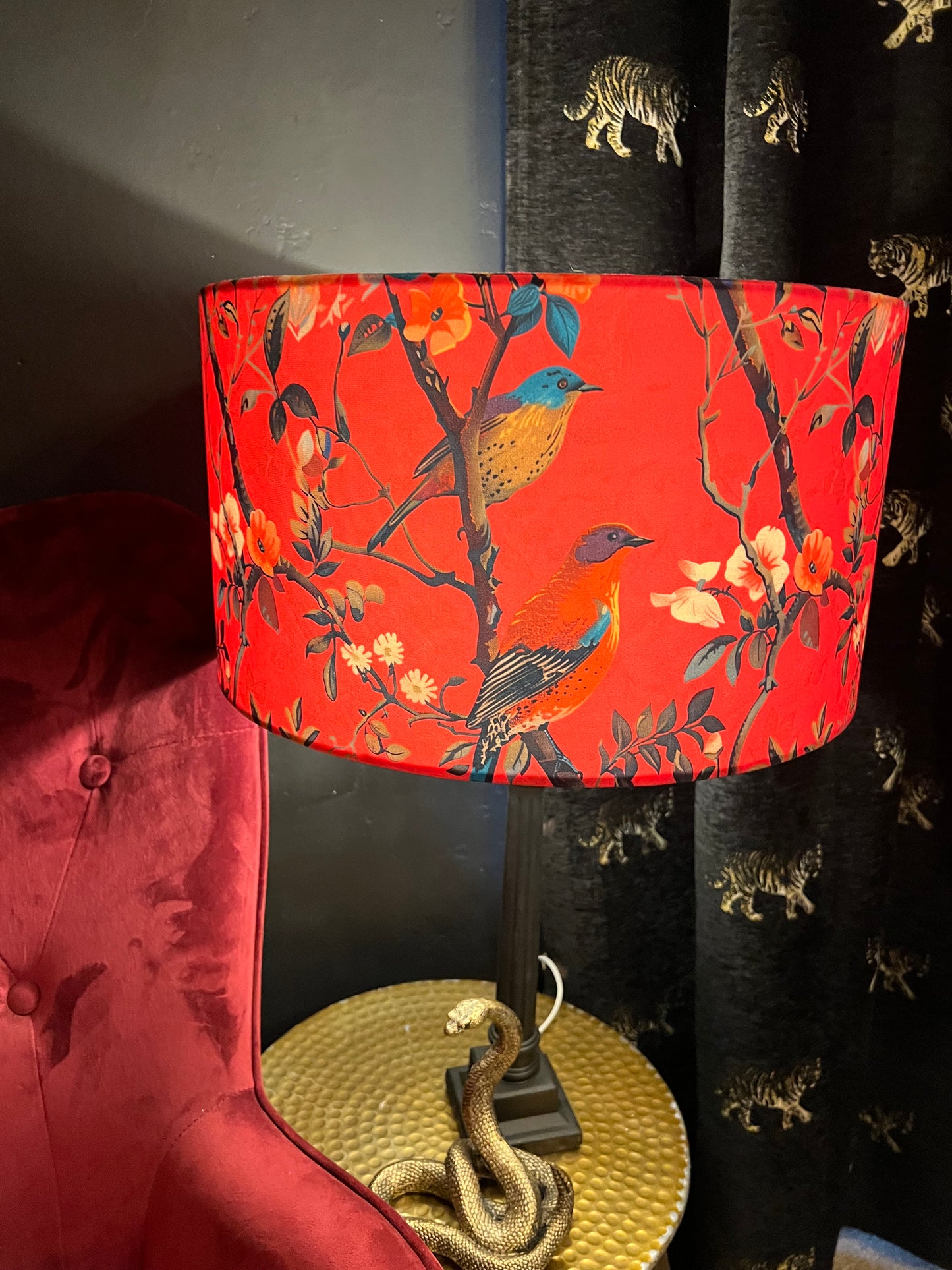 Hot Pink perching birds velvet lampshade