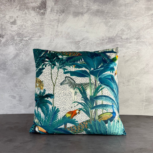 Tropical paradise luxury velvet cushion in white, parrot jungle zebra