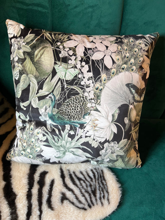 Peacocks and butterflies luxury black velvet cushion