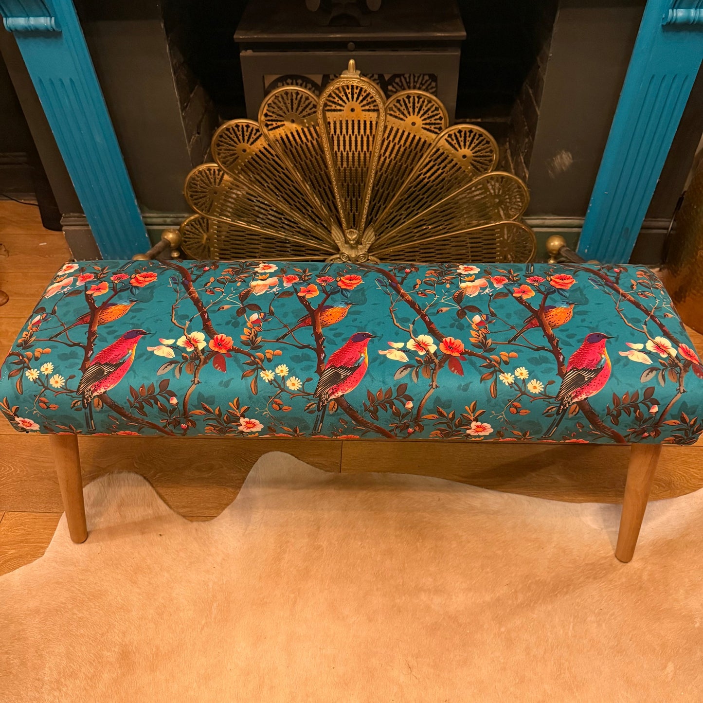 Perching birds teal velvet bench seat / shoe seat / boot room bench