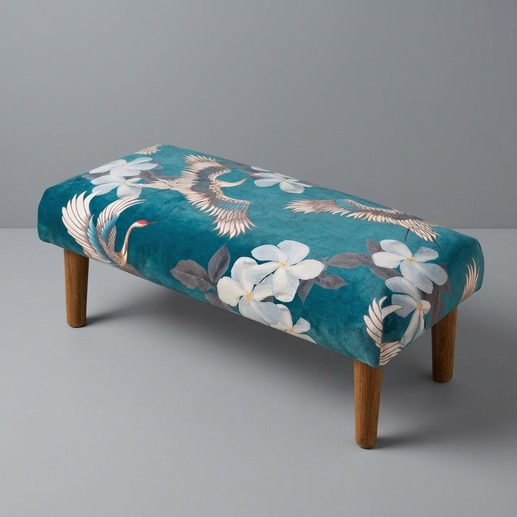 Japanese cranes | Teal & Grey Velvet | Footstool