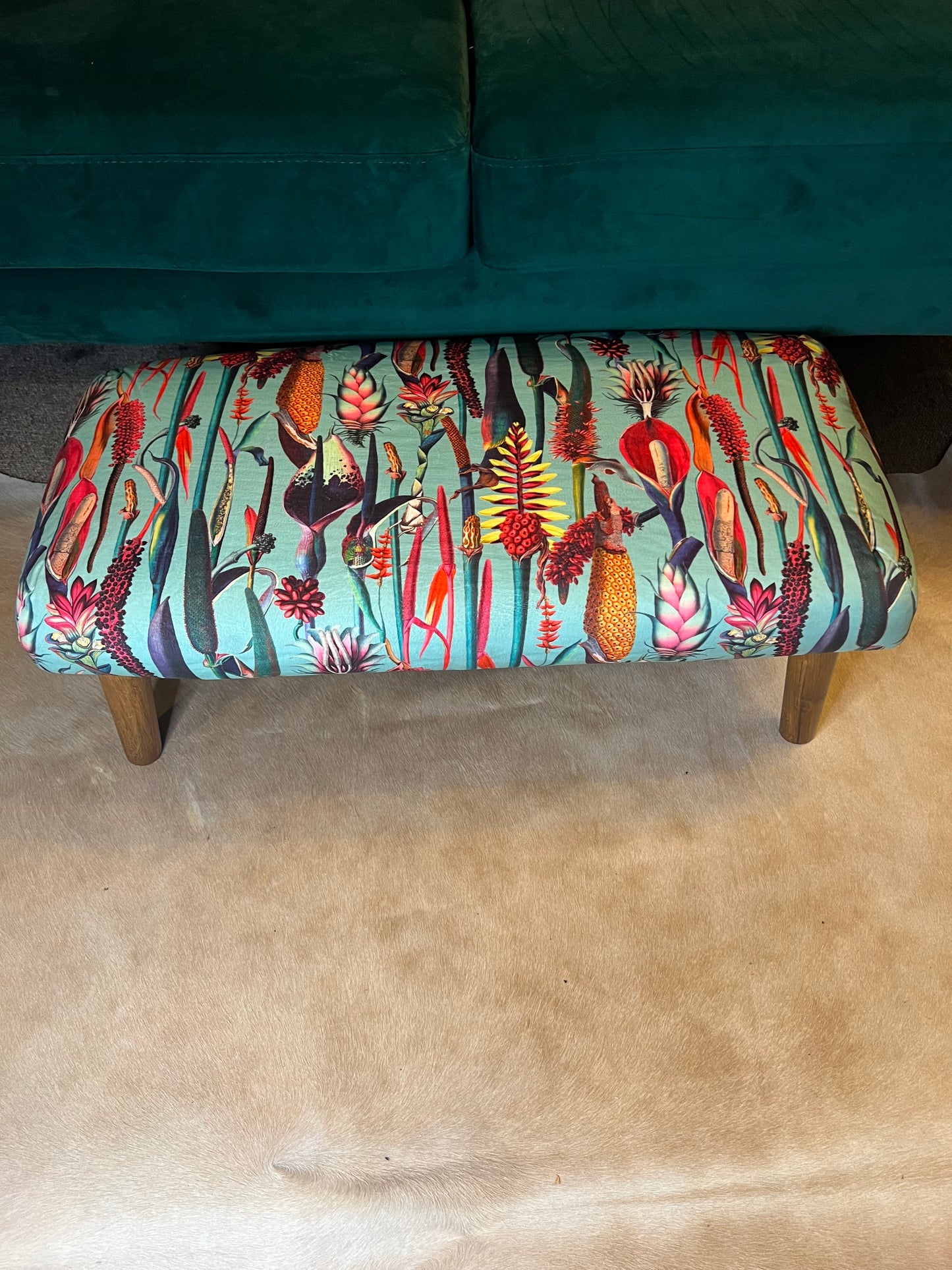 Turquoise botanical lily velvet Footstool