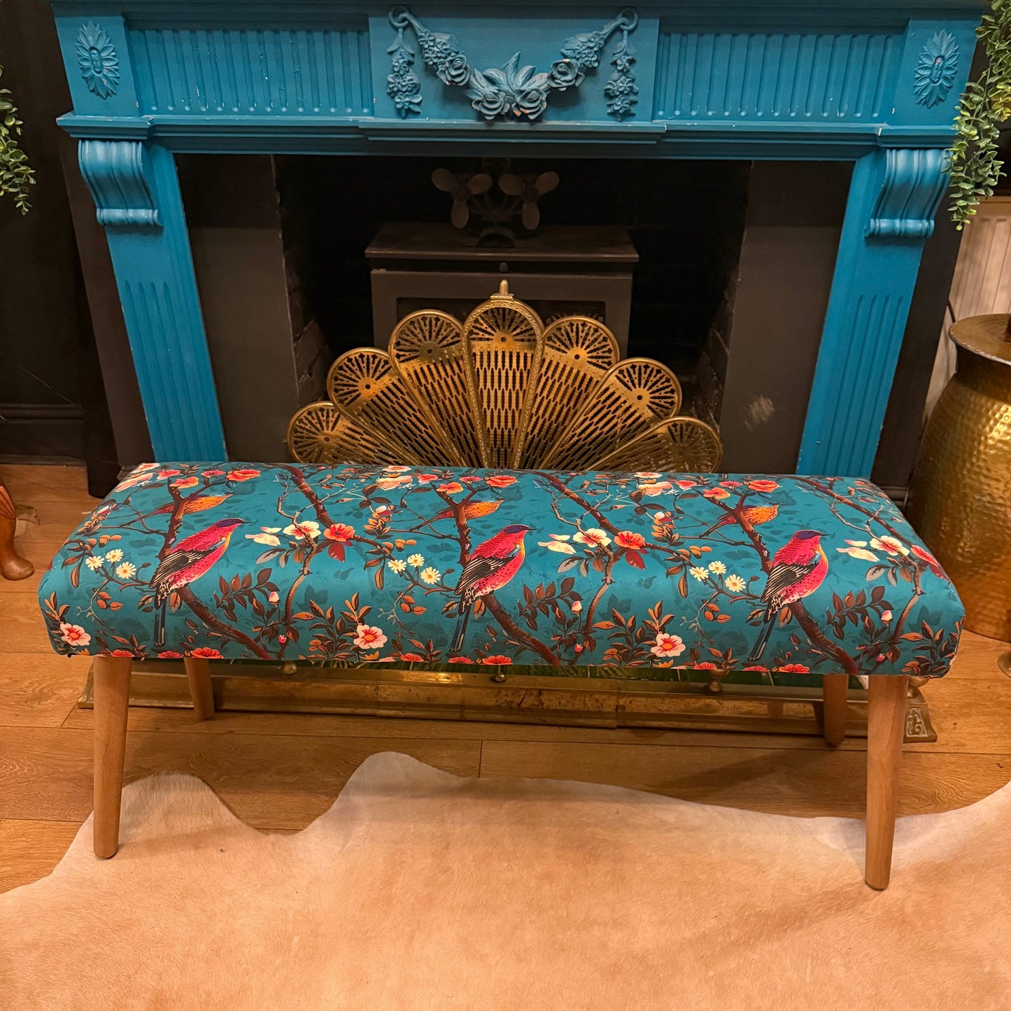 Perching birds teal velvet bench seat / shoe seat / boot room bench