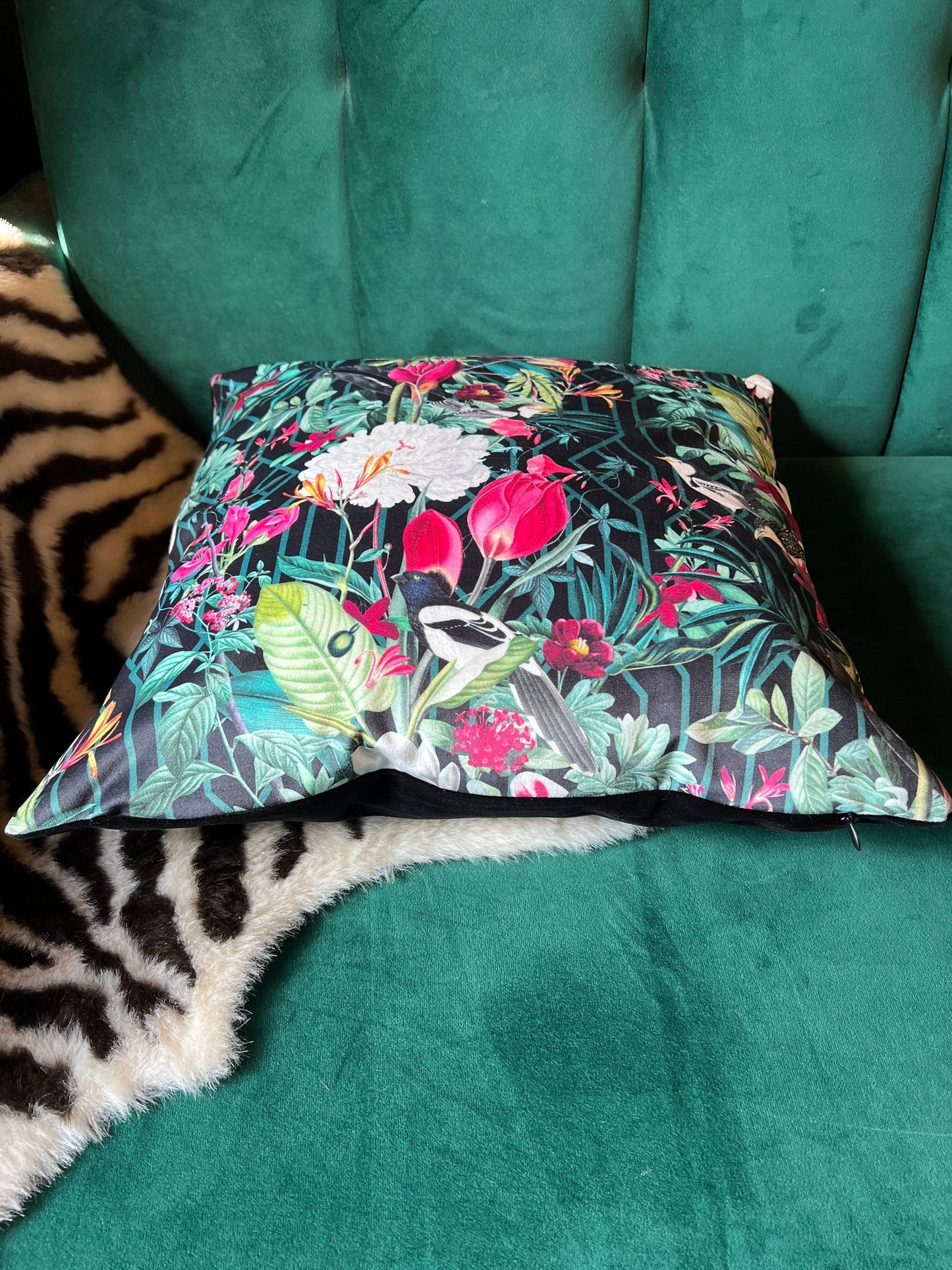 Geometric birds luxury black velvet cushion