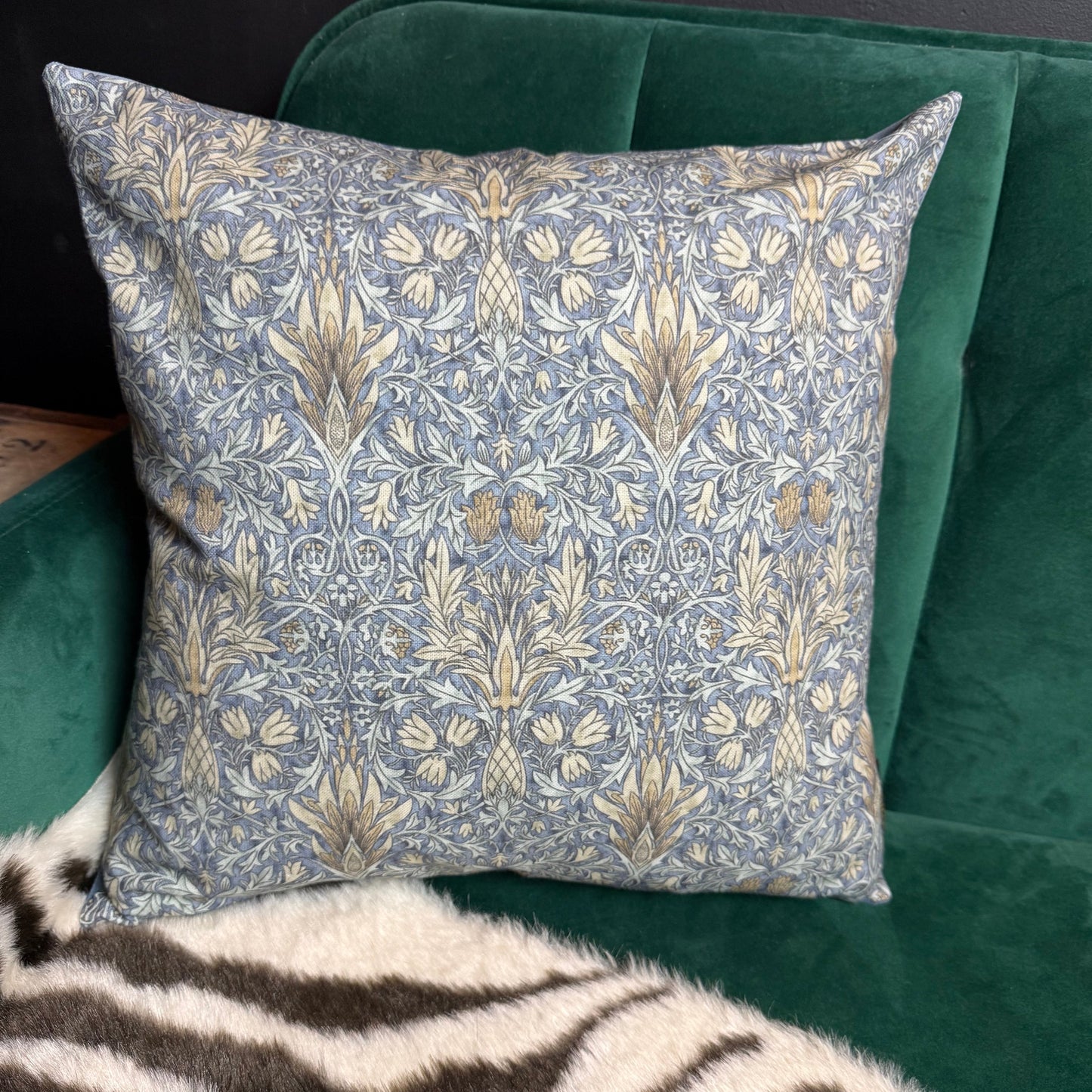 William Morris Snakeshead luxury feather cushion in denim blue