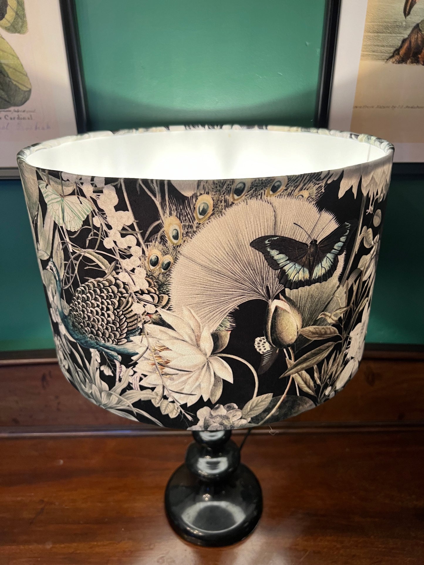 Peacocks & butterflies black velvet lampshade