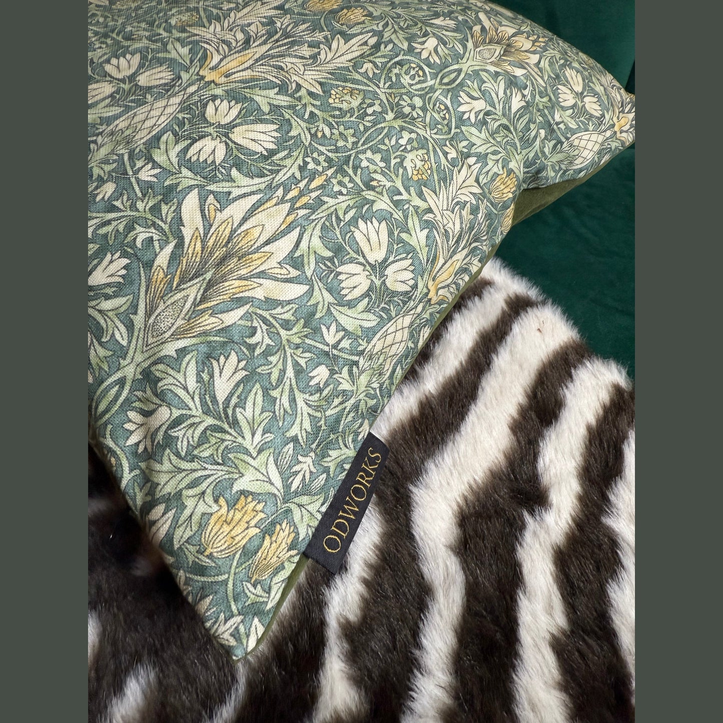 William Morris Snakeshead luxury feather cushion in sage
