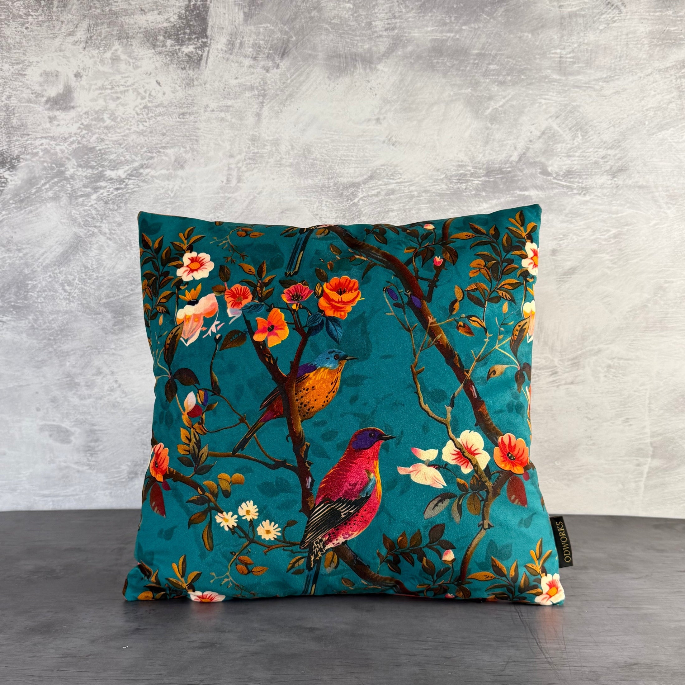 Perching Birds | Teal & Pink Velvet | Cushion