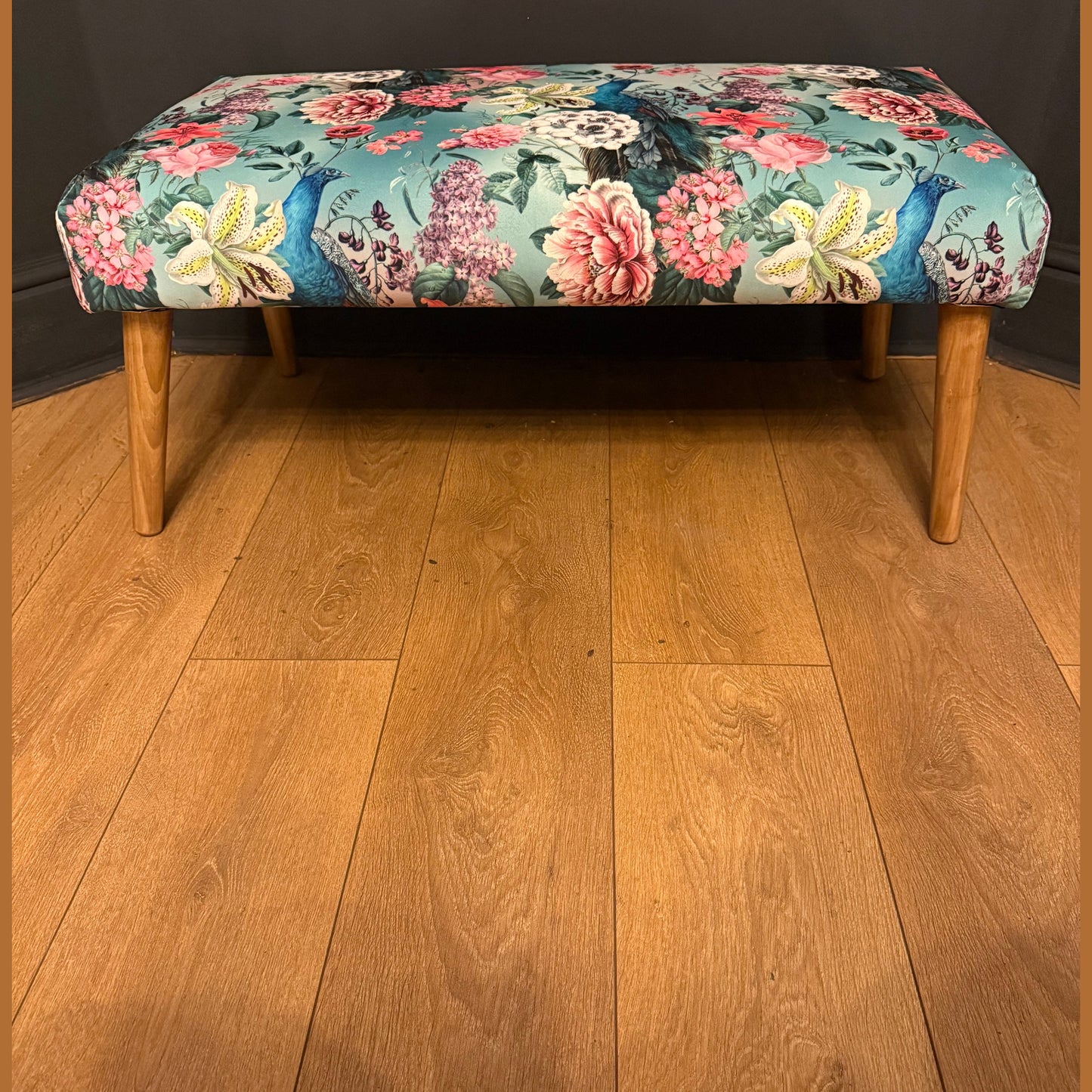 Turquoise peacocks and lily velvet Footstool