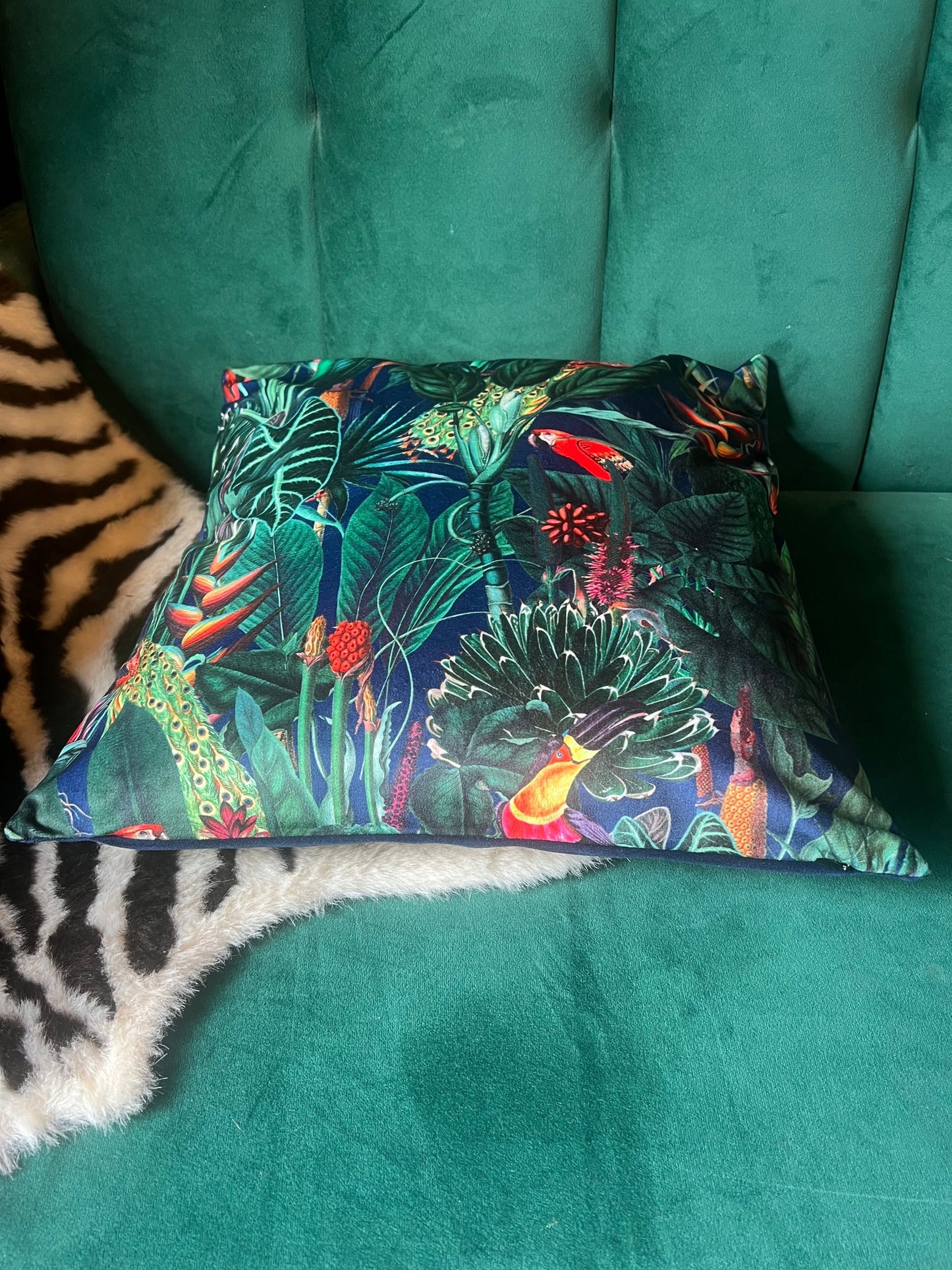 Rainforest jungle parrot toucan luxury  navy velvet cushion