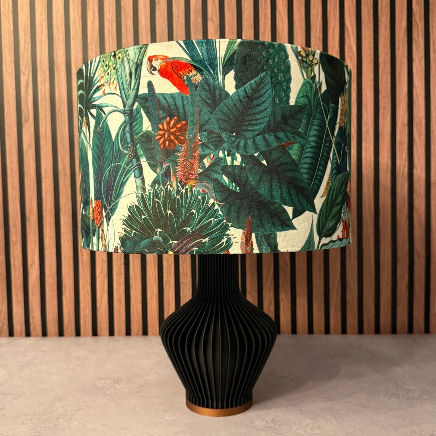 Rainforest white velvet lampshade parrot toucan palm peacock jungle