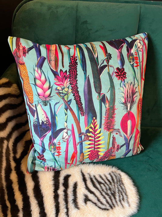 Botanical lily turquoise luxury velvet cushion