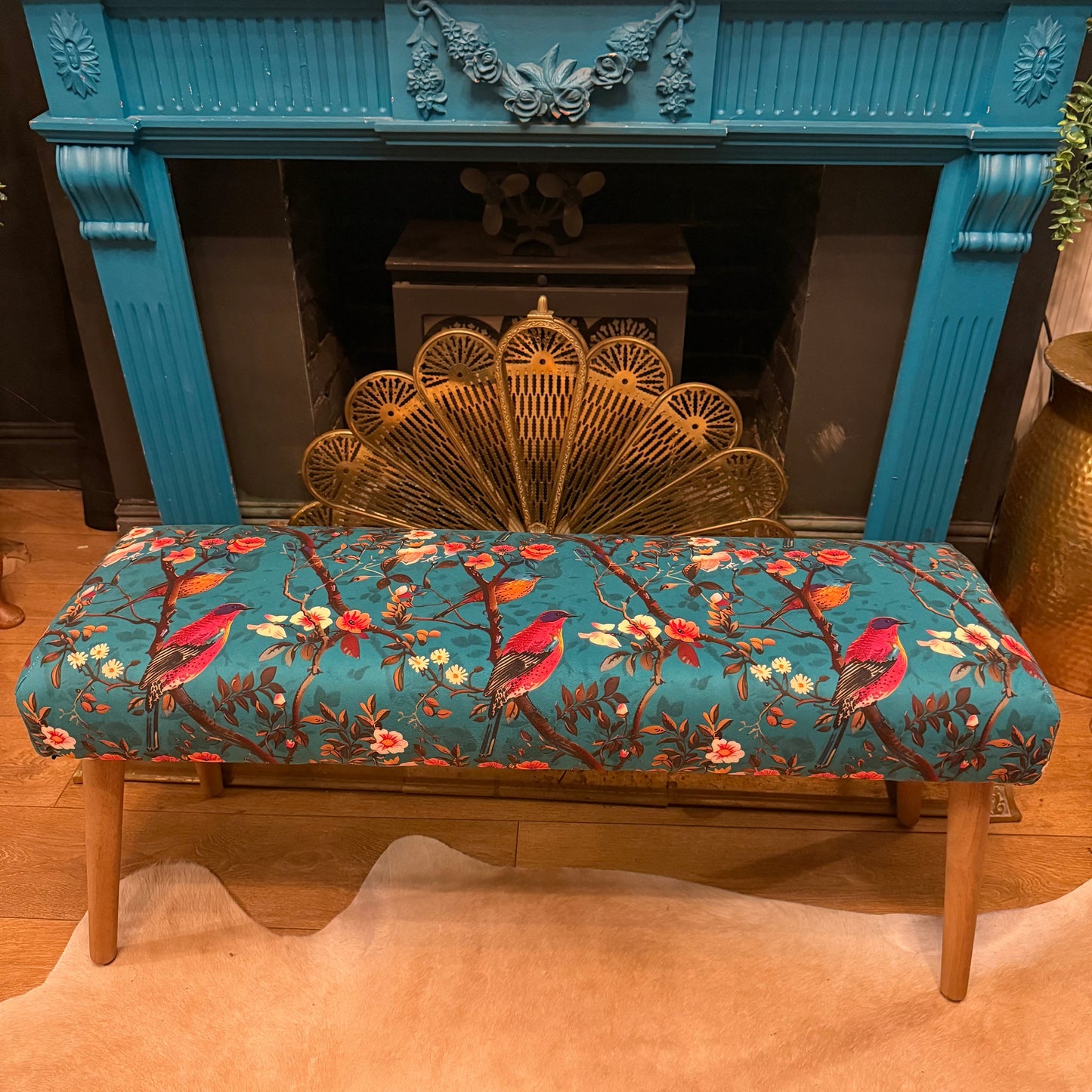 Perching birds teal velvet bench seat / shoe seat / boot room bench