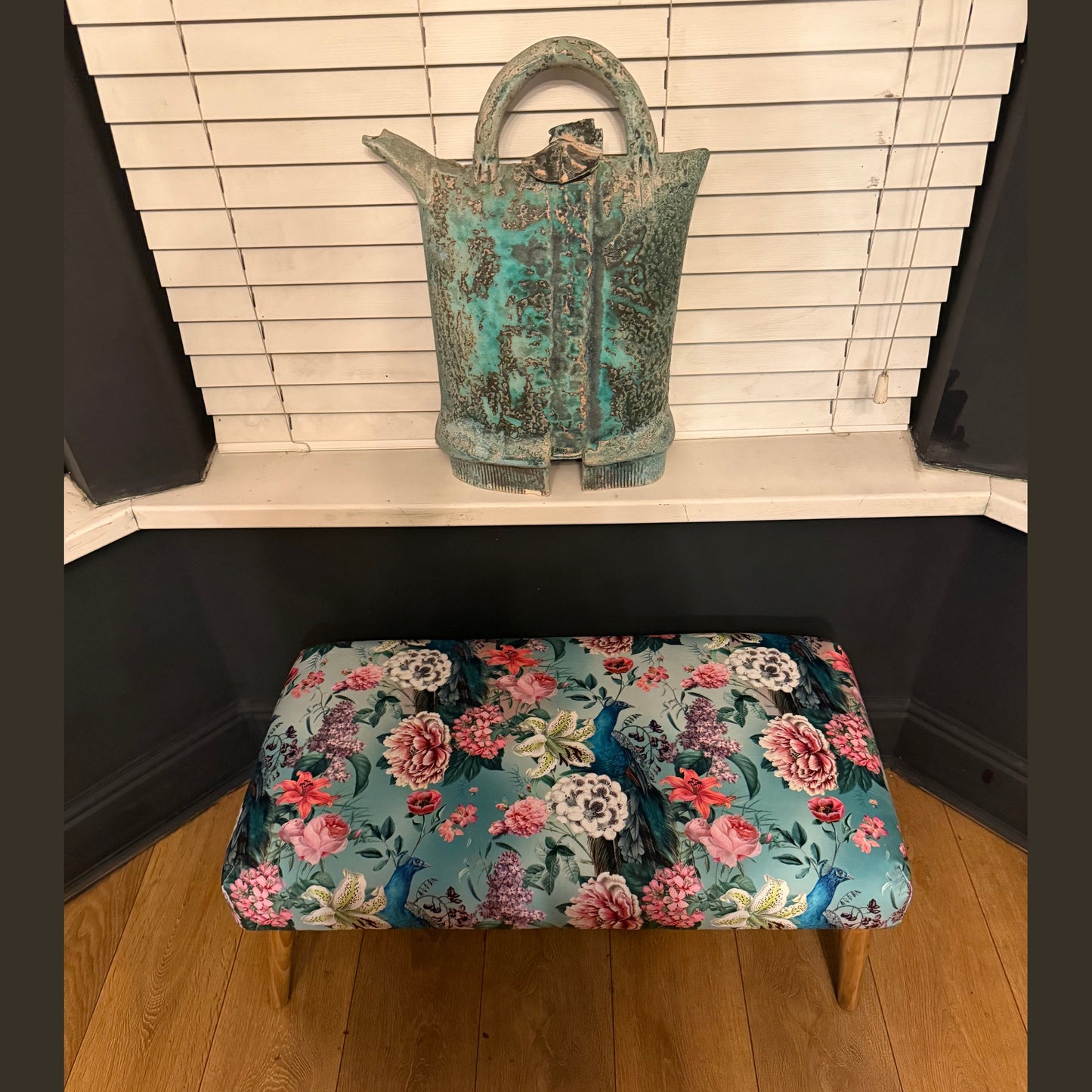 Turquoise peacocks and lily velvet Footstool