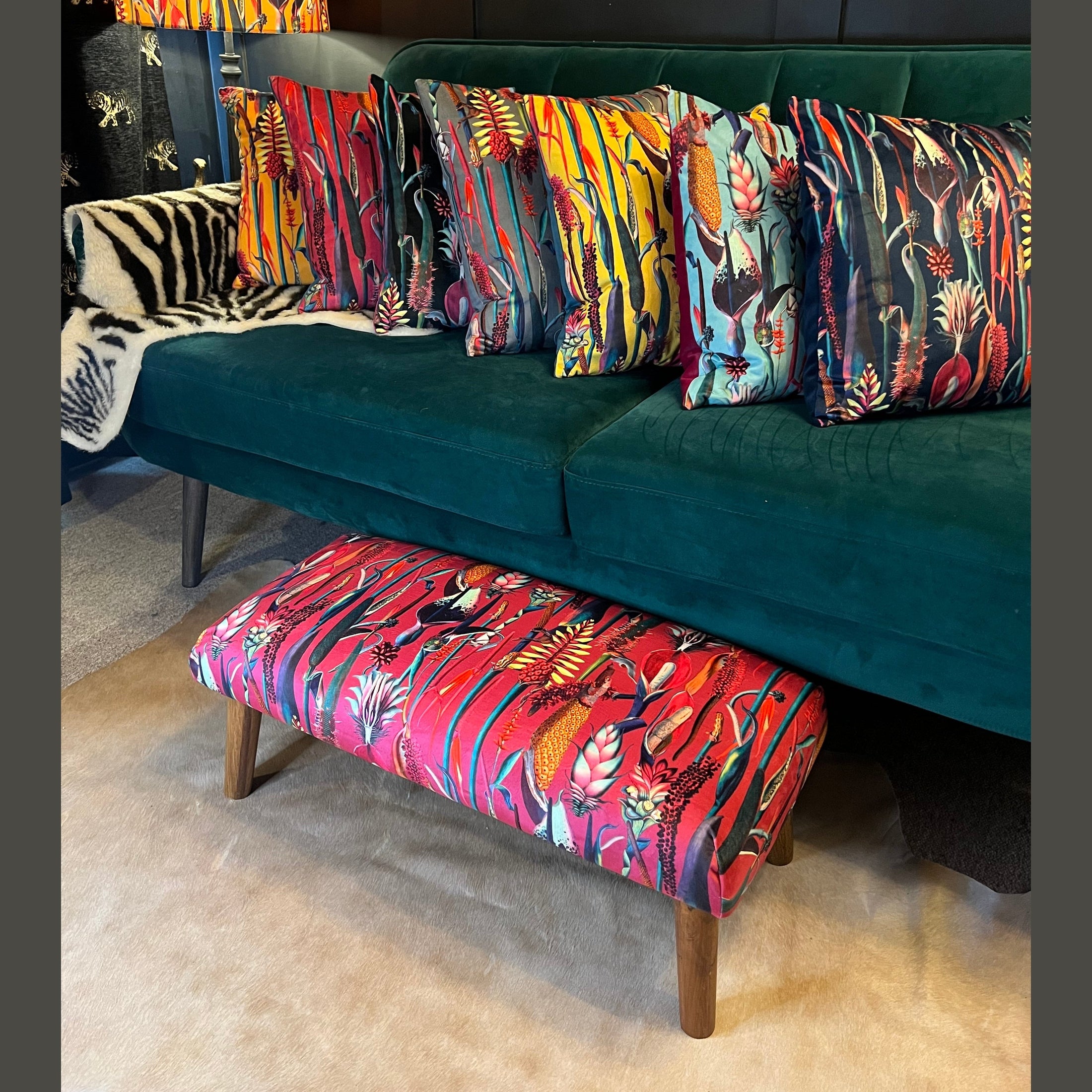 Botanical Lily | Pink & Teal Velvet | Footstool