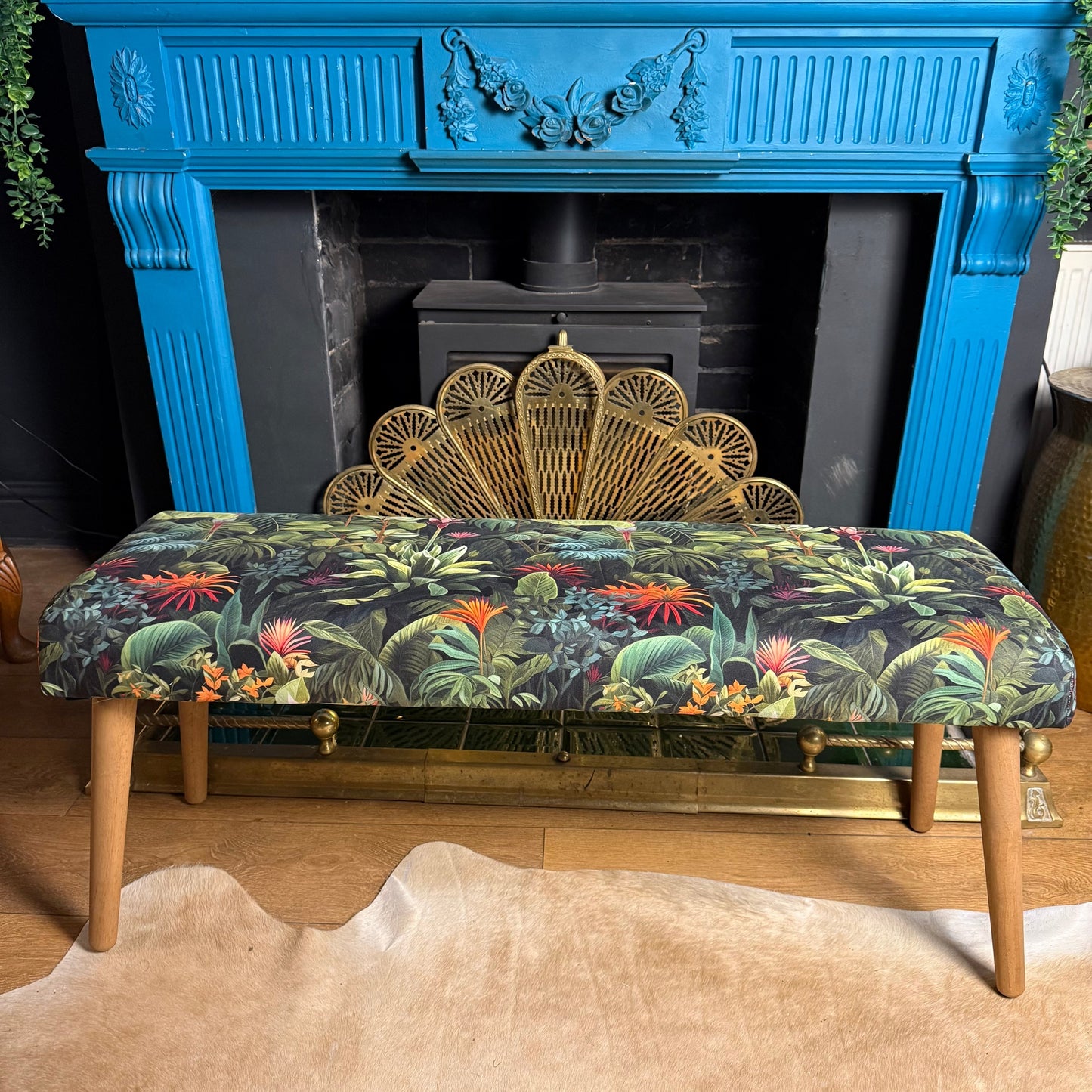 Lush leaf velvet bench / window seat, boot room bench, shoe stool