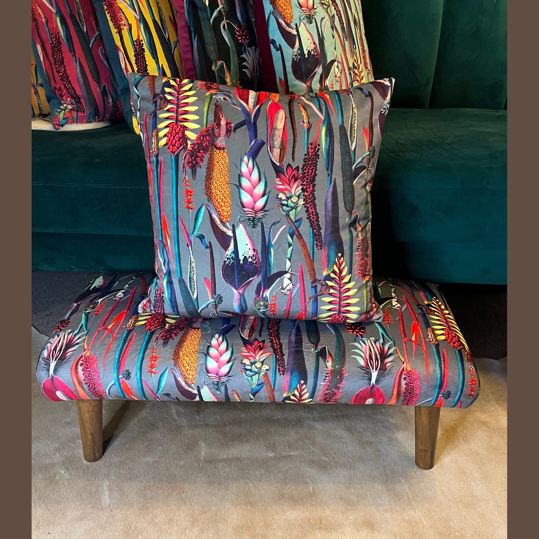 Botanical Lily | Grey & Pink  Velvet | Footstool