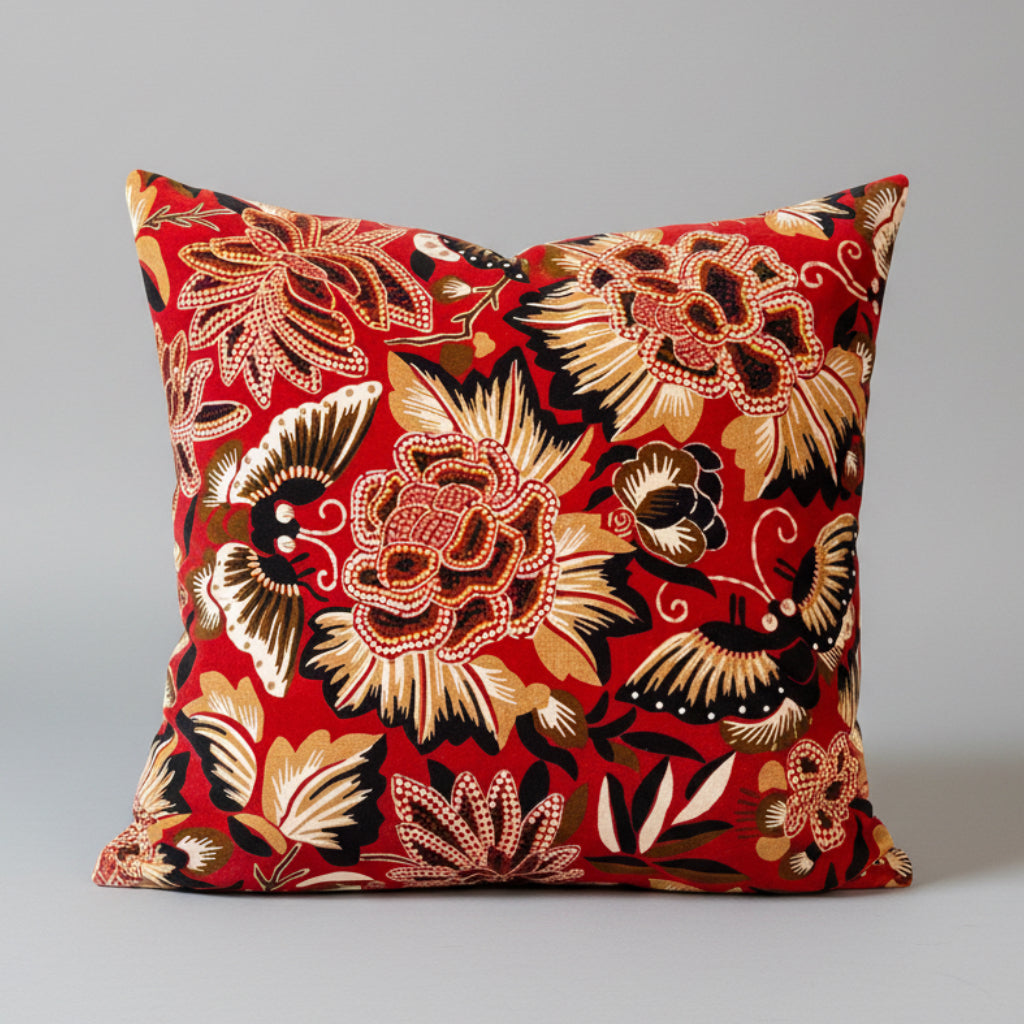 A luxury velvet cushion with a red and yellow oriental butterflies pattern, displayed on a green sofa.