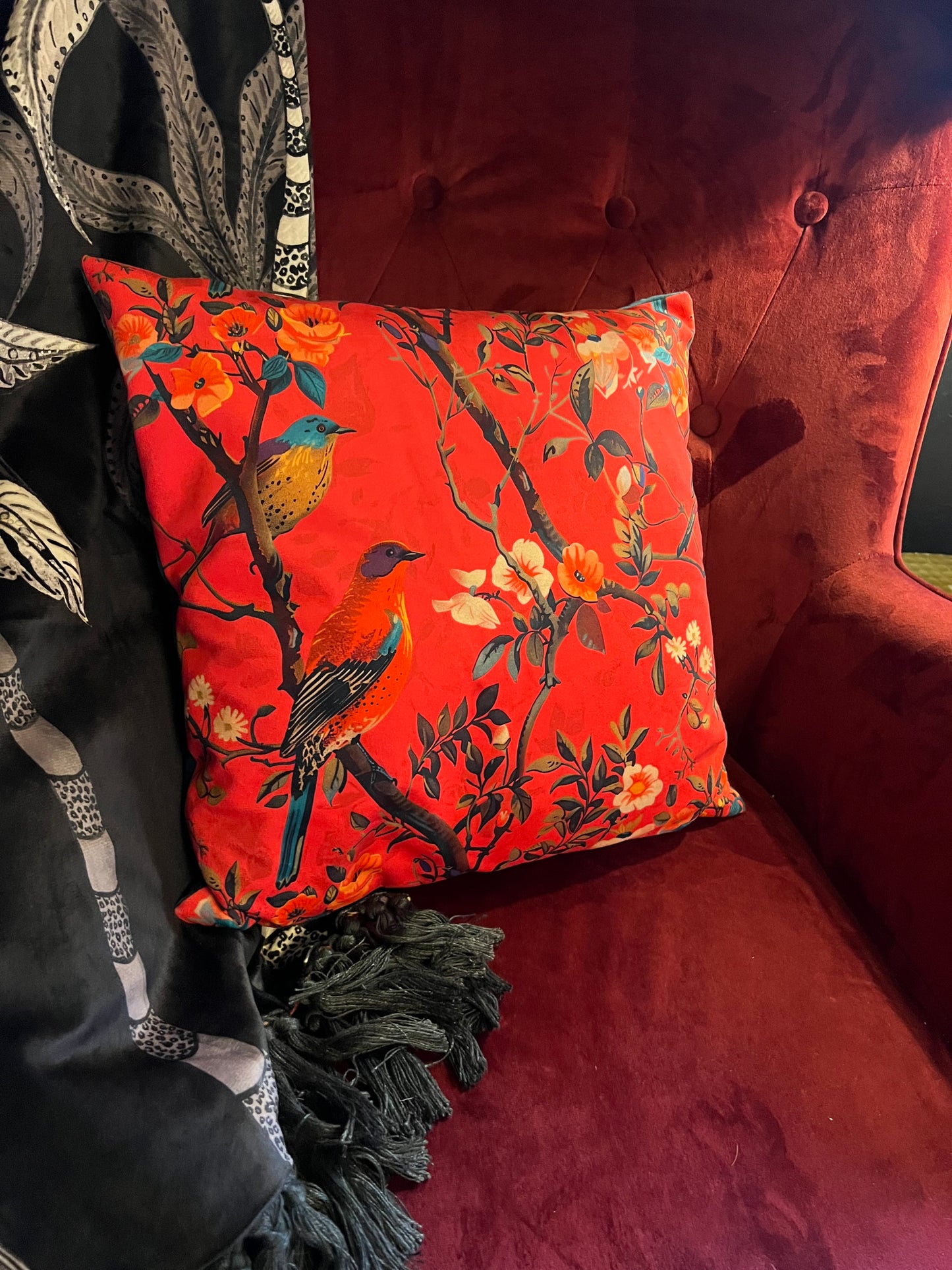 Perching birds feather filled cushion