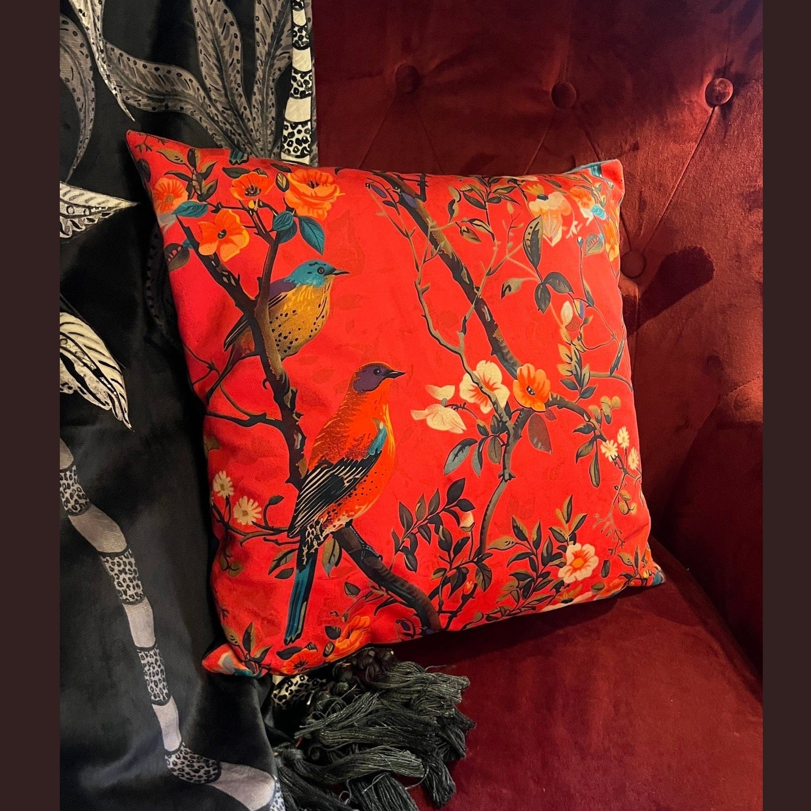 Perching Birds | Red & Blue Velvet | Cushion