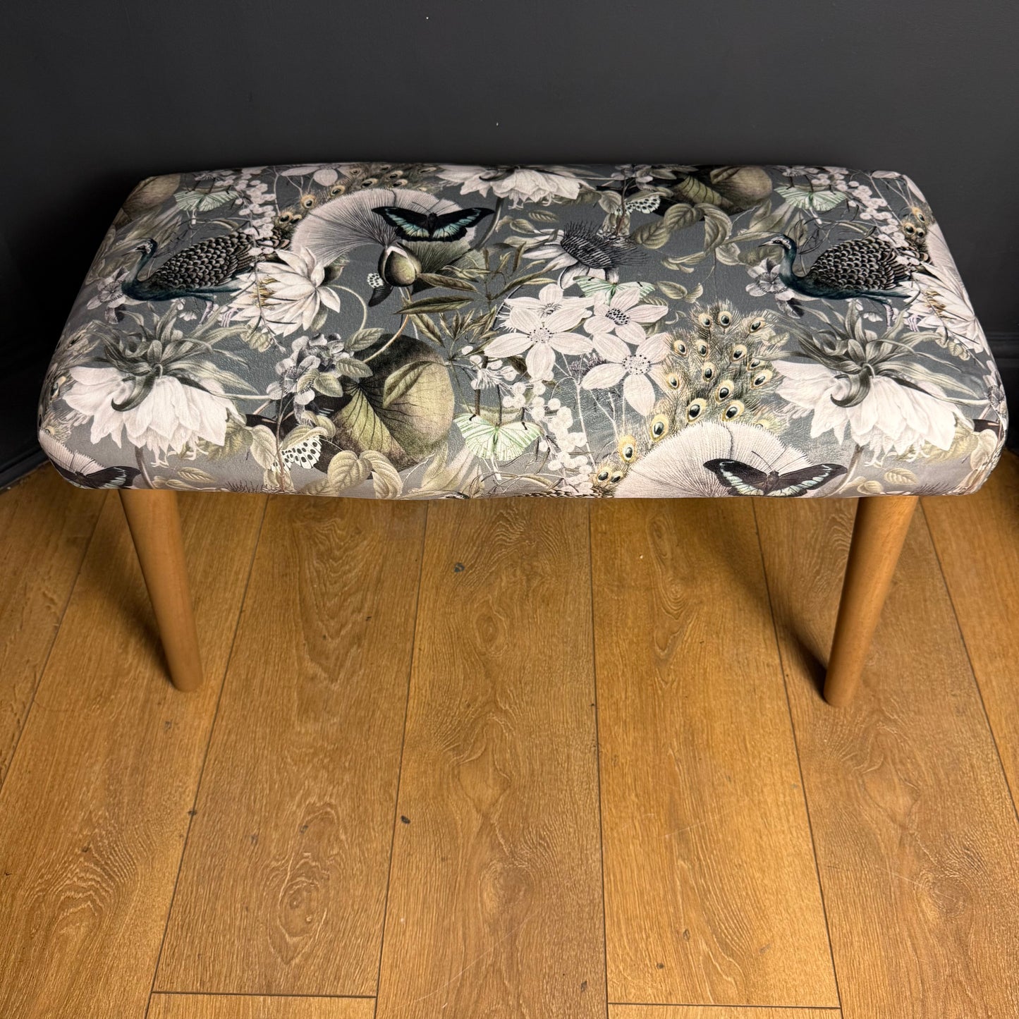 Grey peacocks and butterflies velvet bench seat / shoe seat / boot room bench