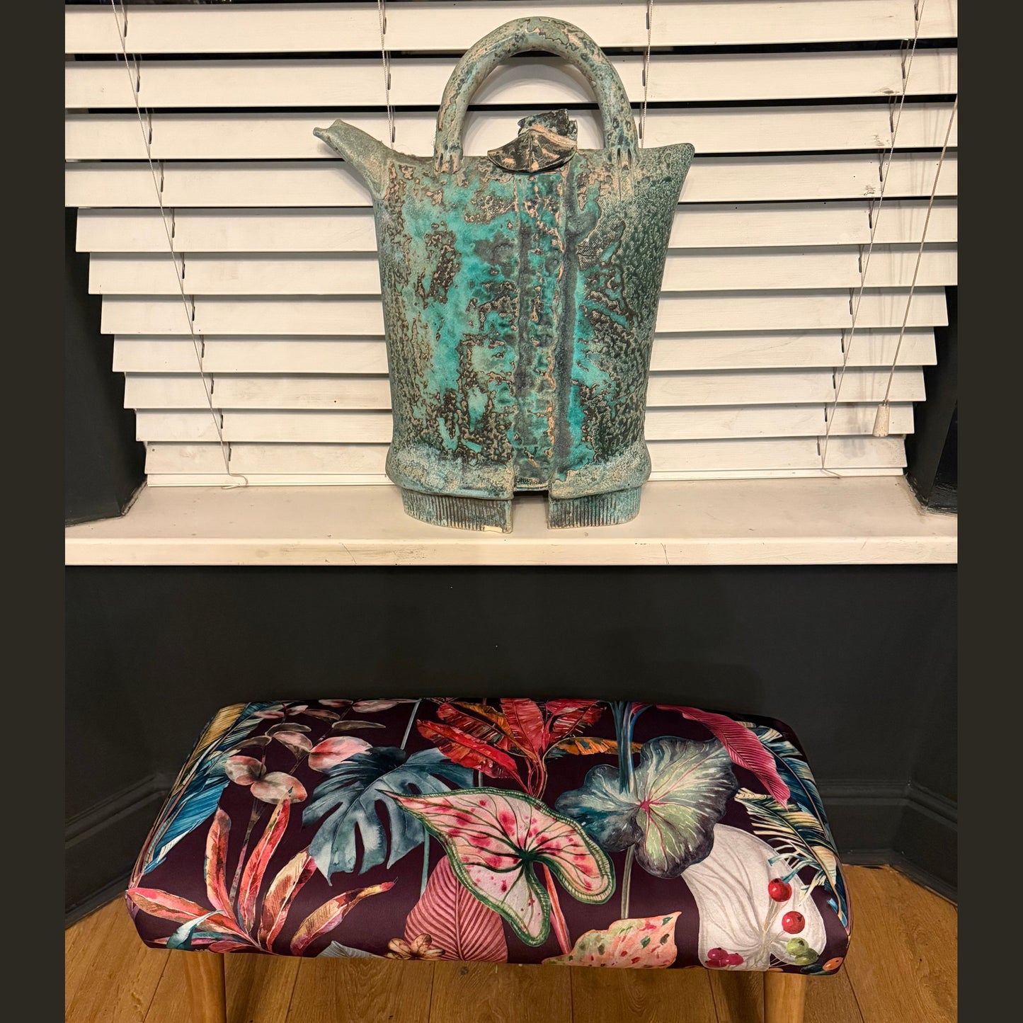 Acid leaf botanical footstool hot pink / teal velvet Footstool