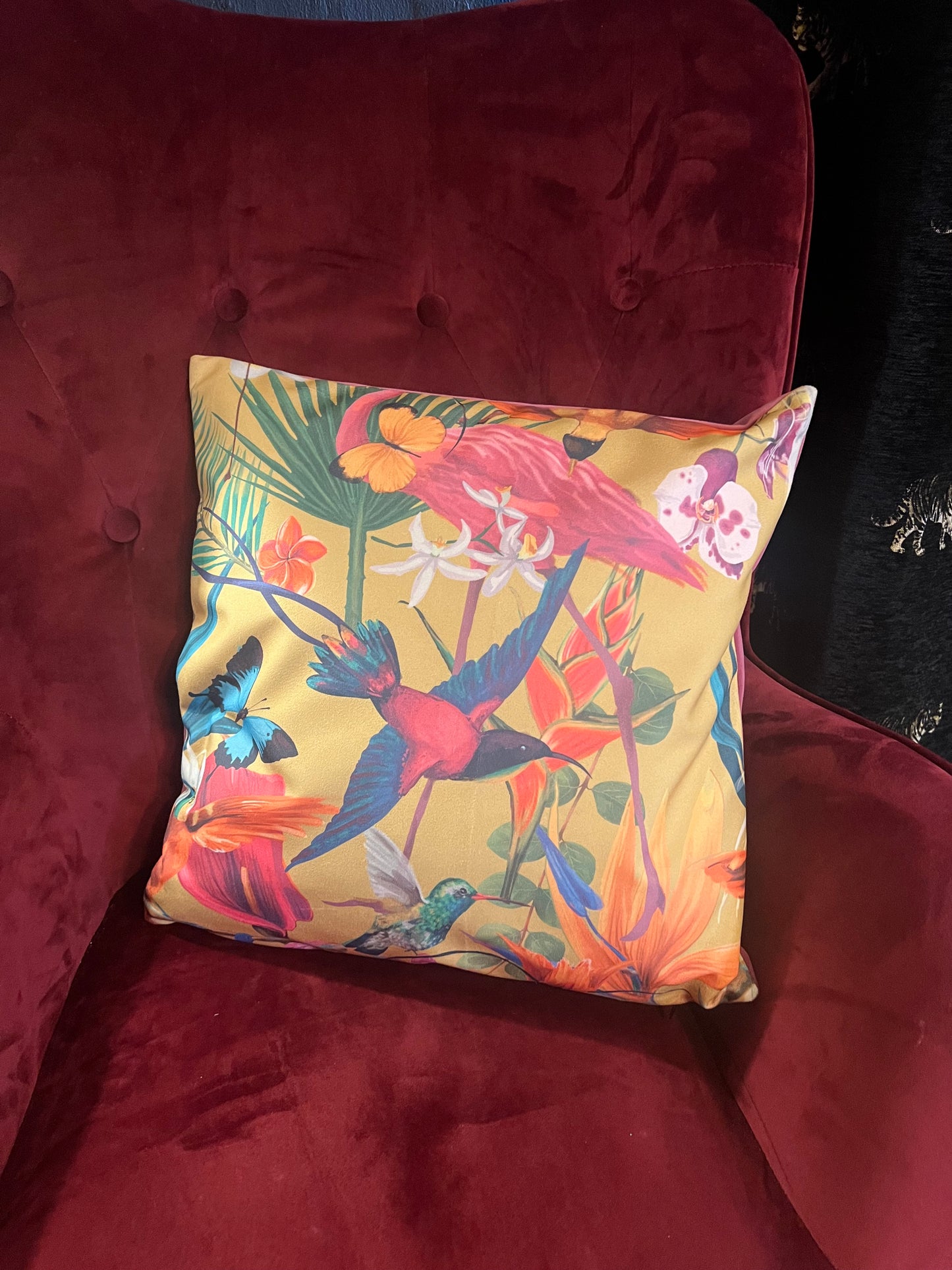 Tropical humming birds luxury velvet cushion