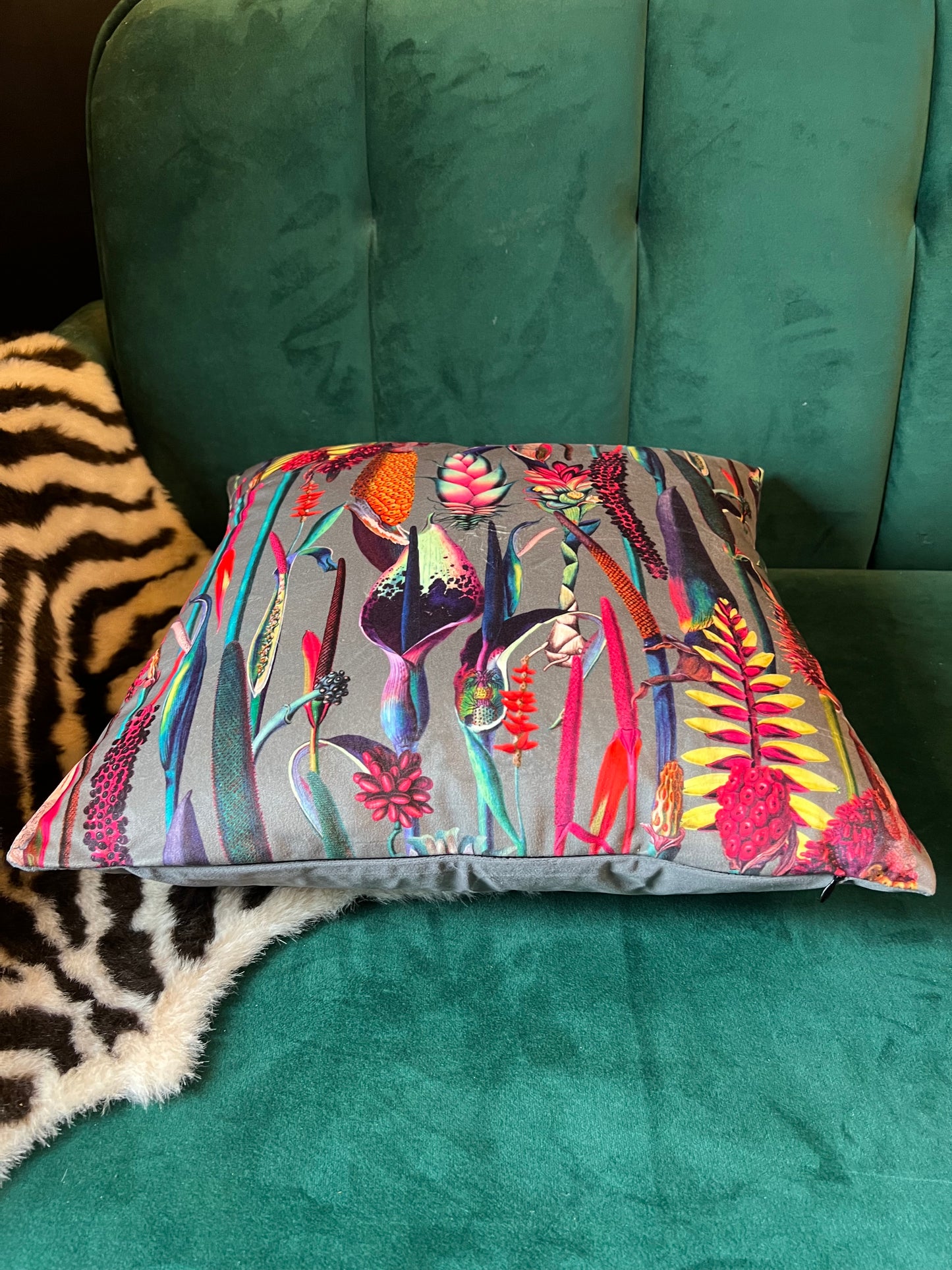 Botanical lily grey luxury velvet cushion