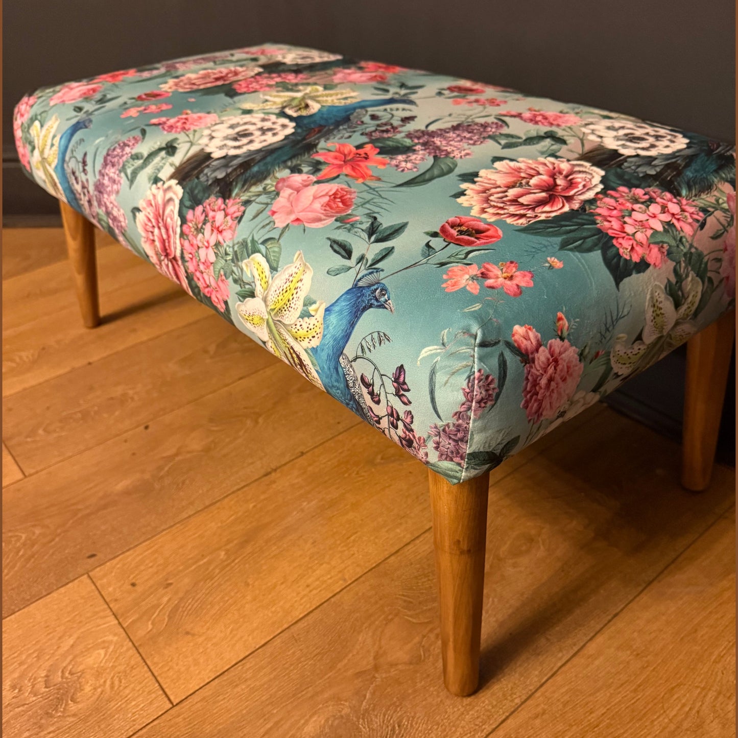 Turquoise peacocks and lily velvet Footstool