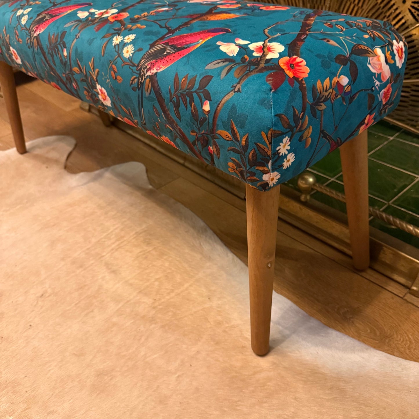 Perching birds teal velvet bench seat / shoe seat / boot room bench