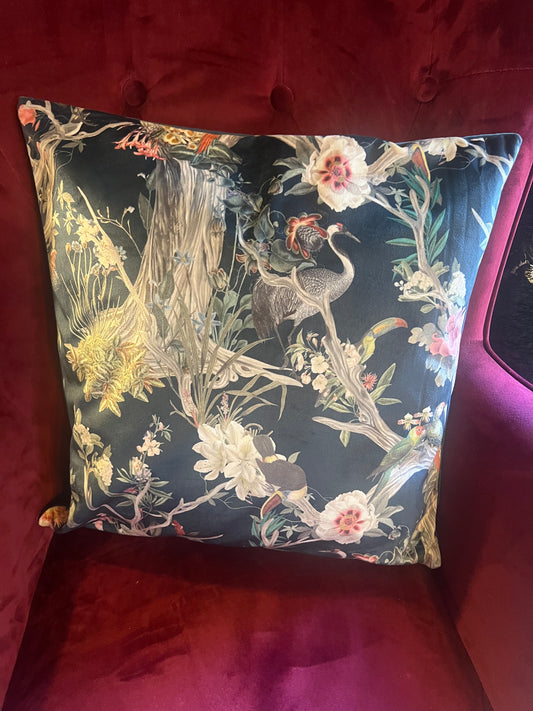 Oriental paradise luxury navy velvet cushion