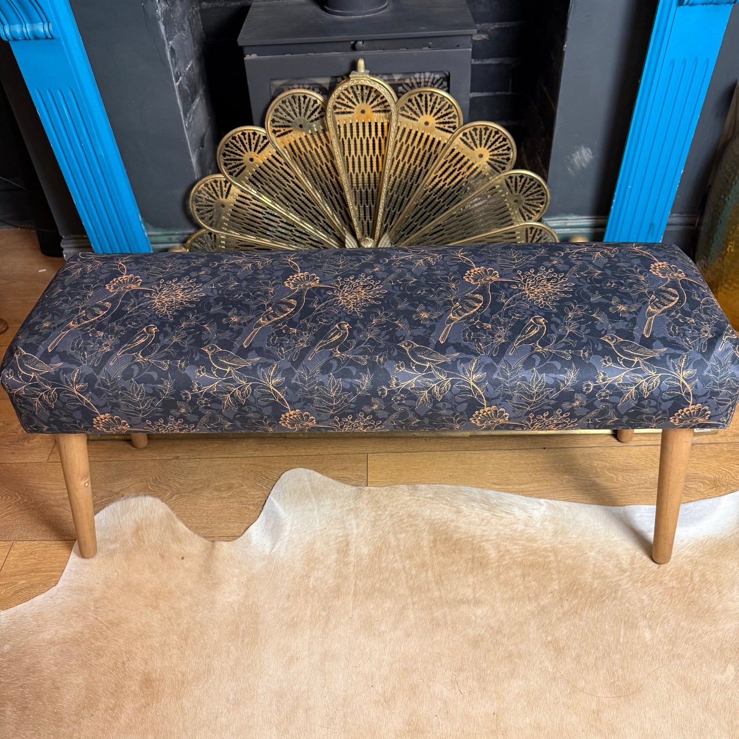 Rustic birds teal velvet bench seat / shoe seat / boot room bench