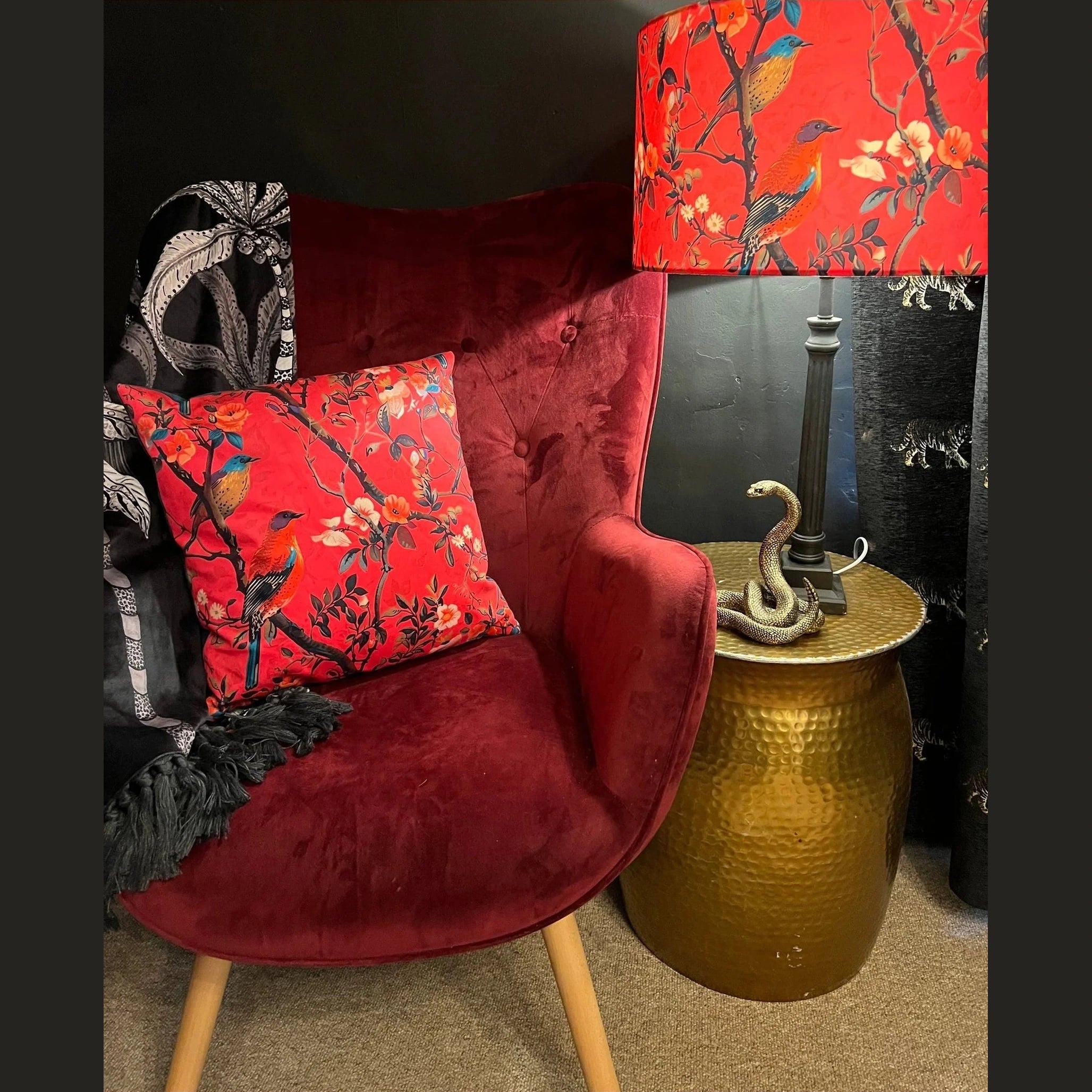 Perching Birds | Red & Blue Velvet | Cushion