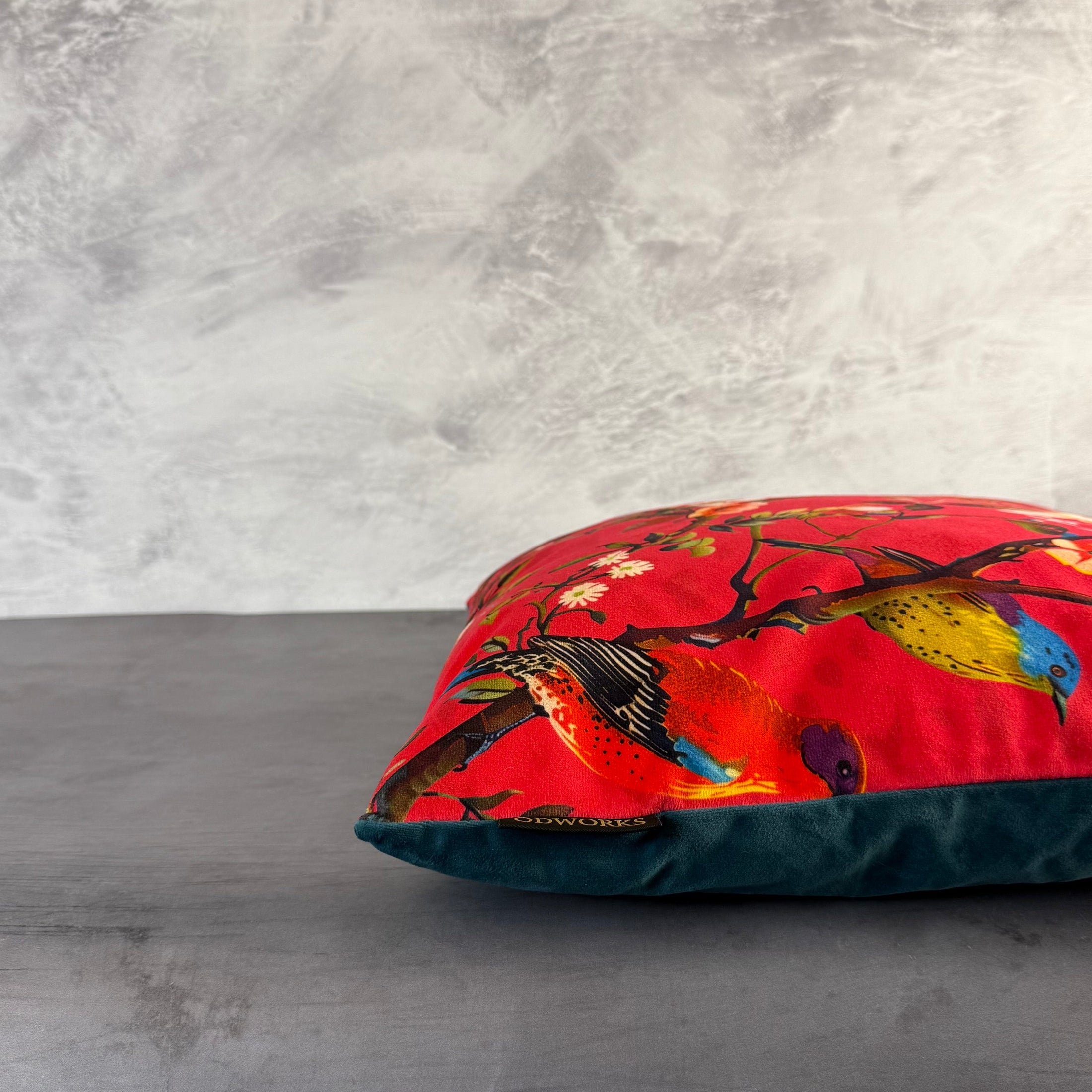 Perching Birds | Red & Blue Velvet | Cushion