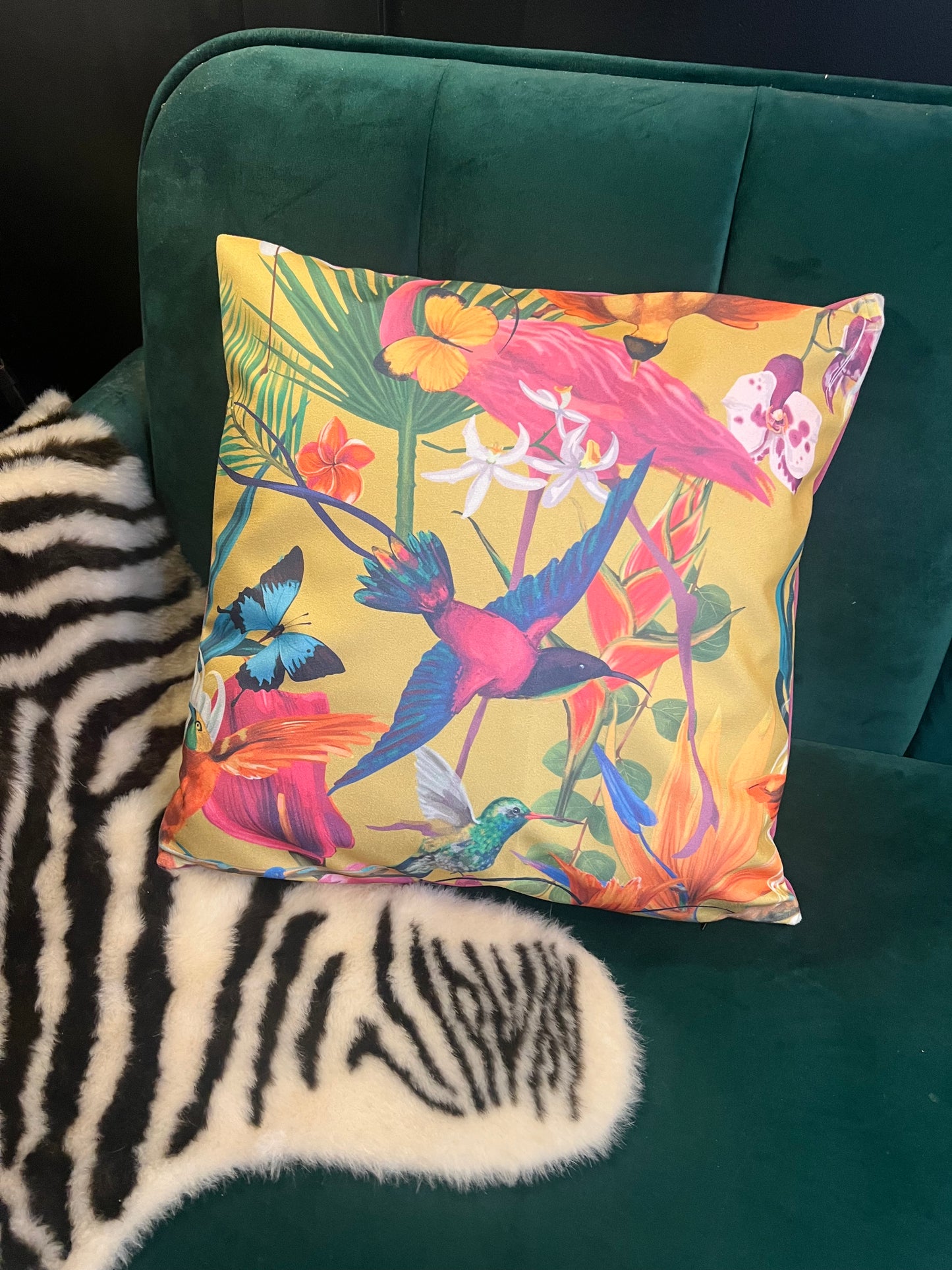 Tropical humming birds luxury velvet cushion