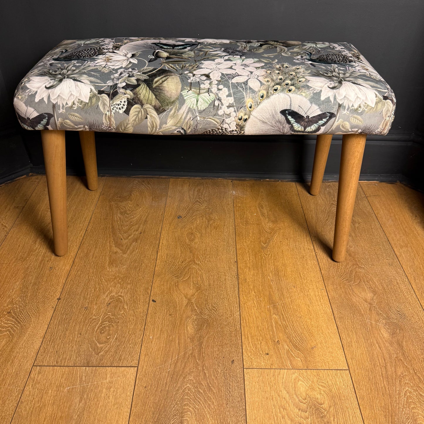 Grey peacocks and butterflies velvet bench seat / shoe seat / boot room bench