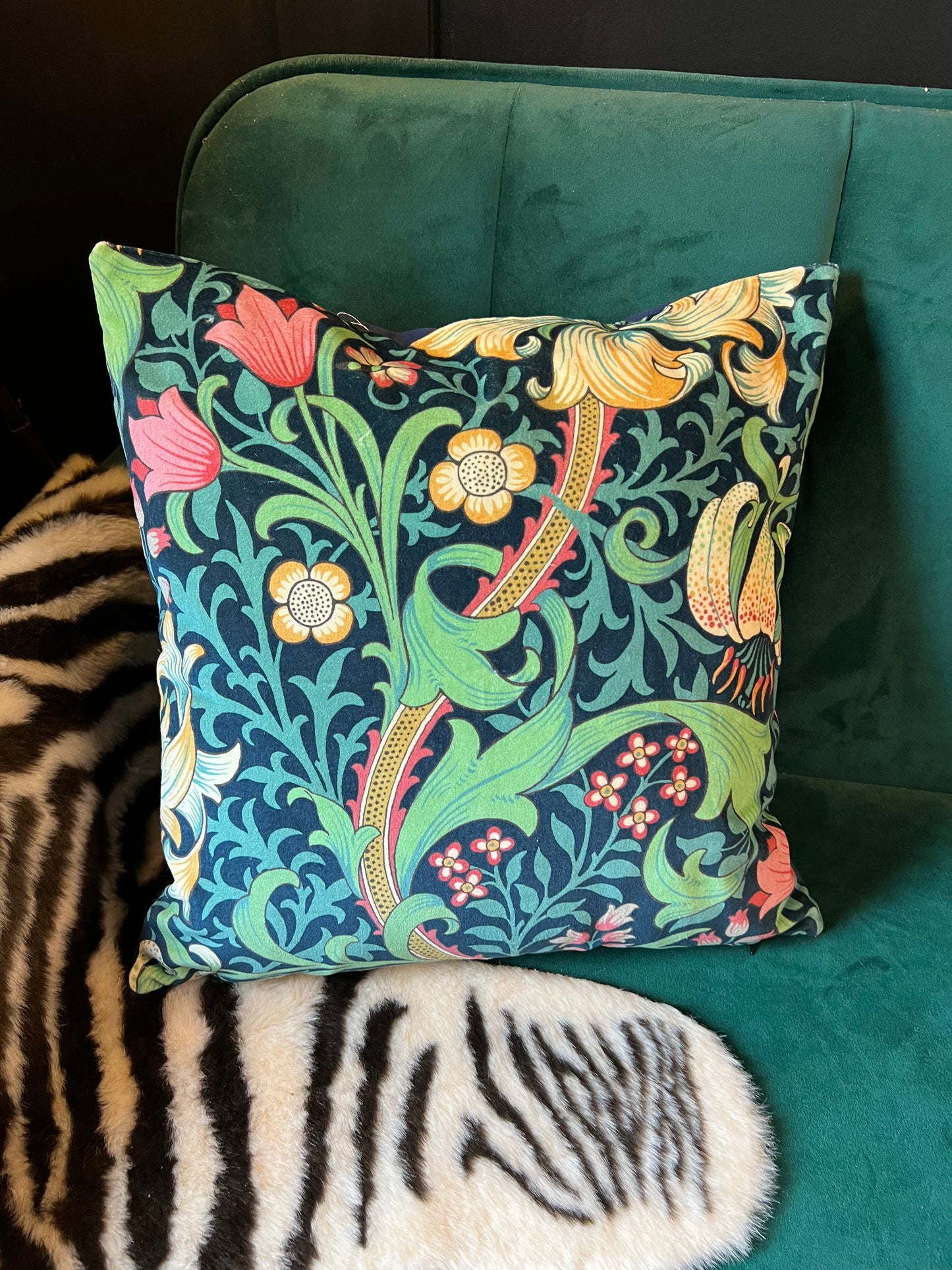 Golden lily velvet cushion Sanderson William Morris