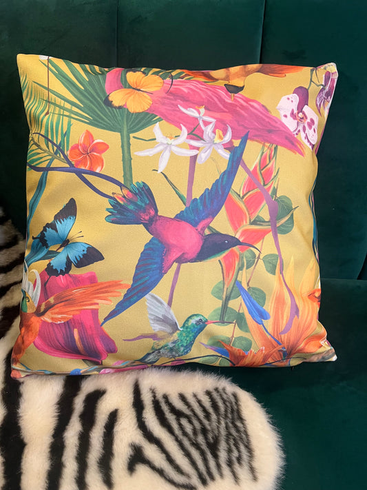 Tropical humming birds luxury velvet cushion