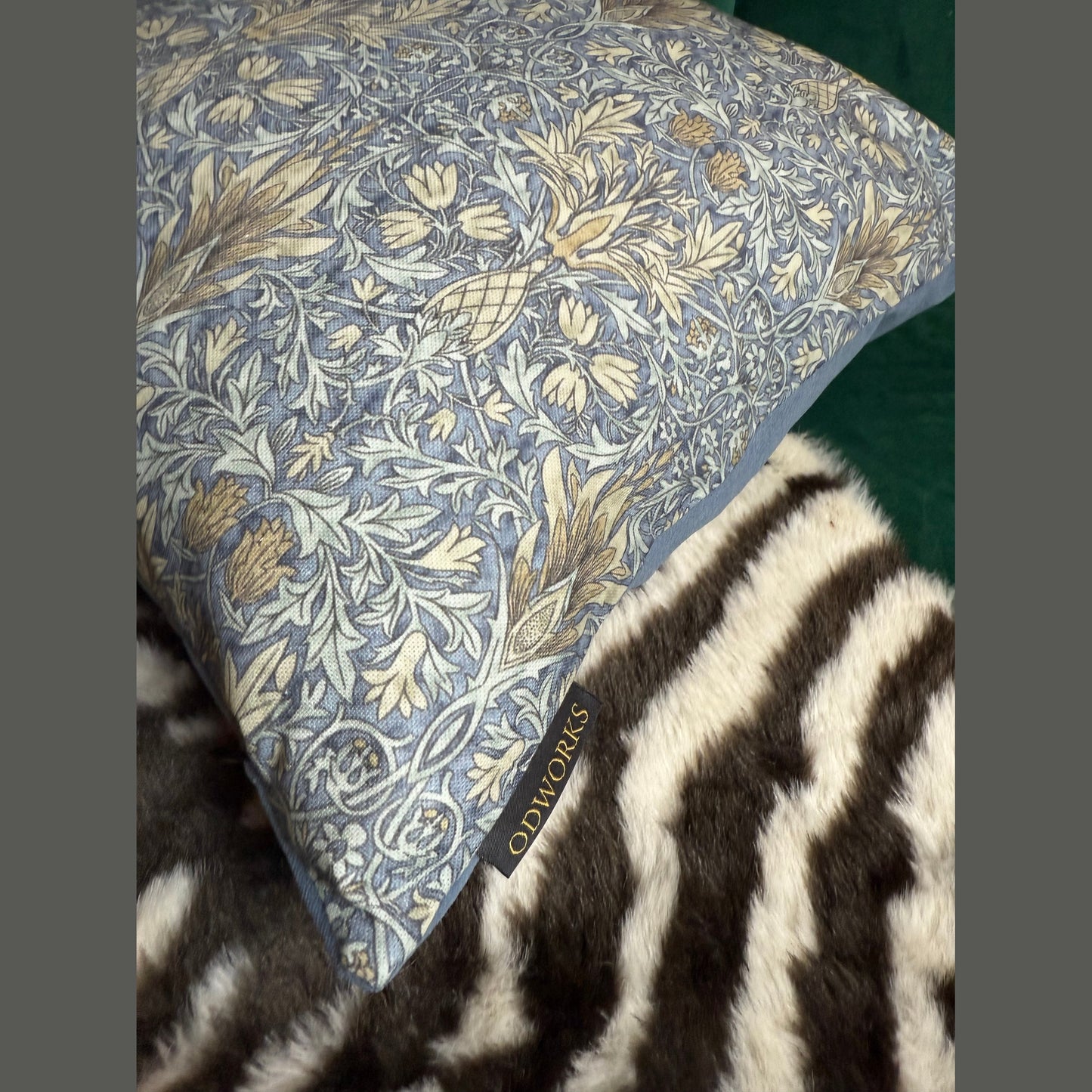 William Morris Snakeshead luxury feather cushion in denim blue