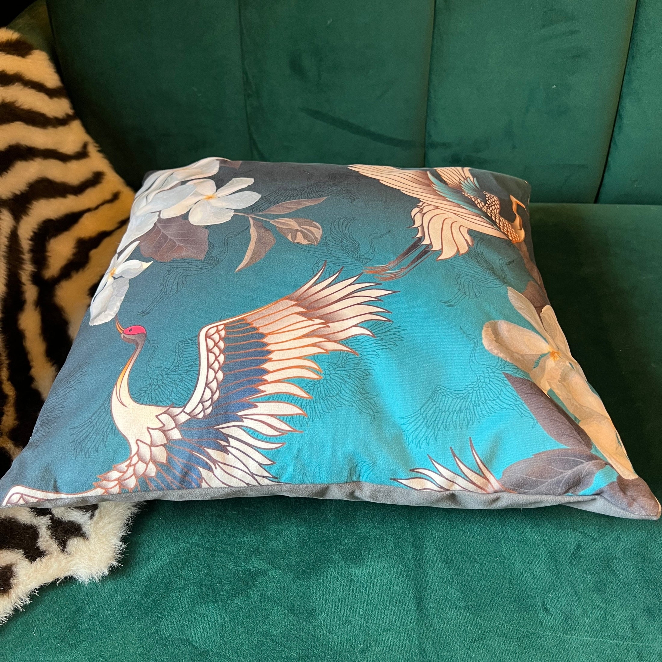 Japanese Cranes | Teal & White Velvet | Cushion