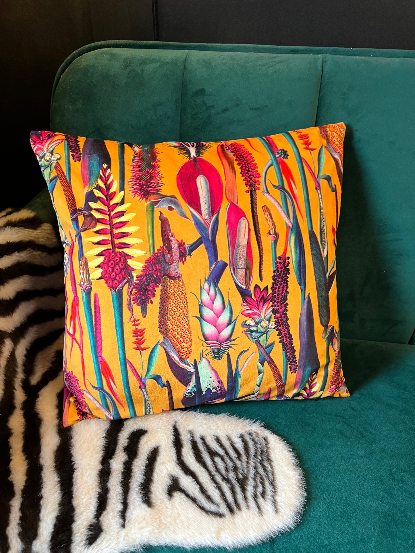 Botanical lily luxury mustard velvet cushion