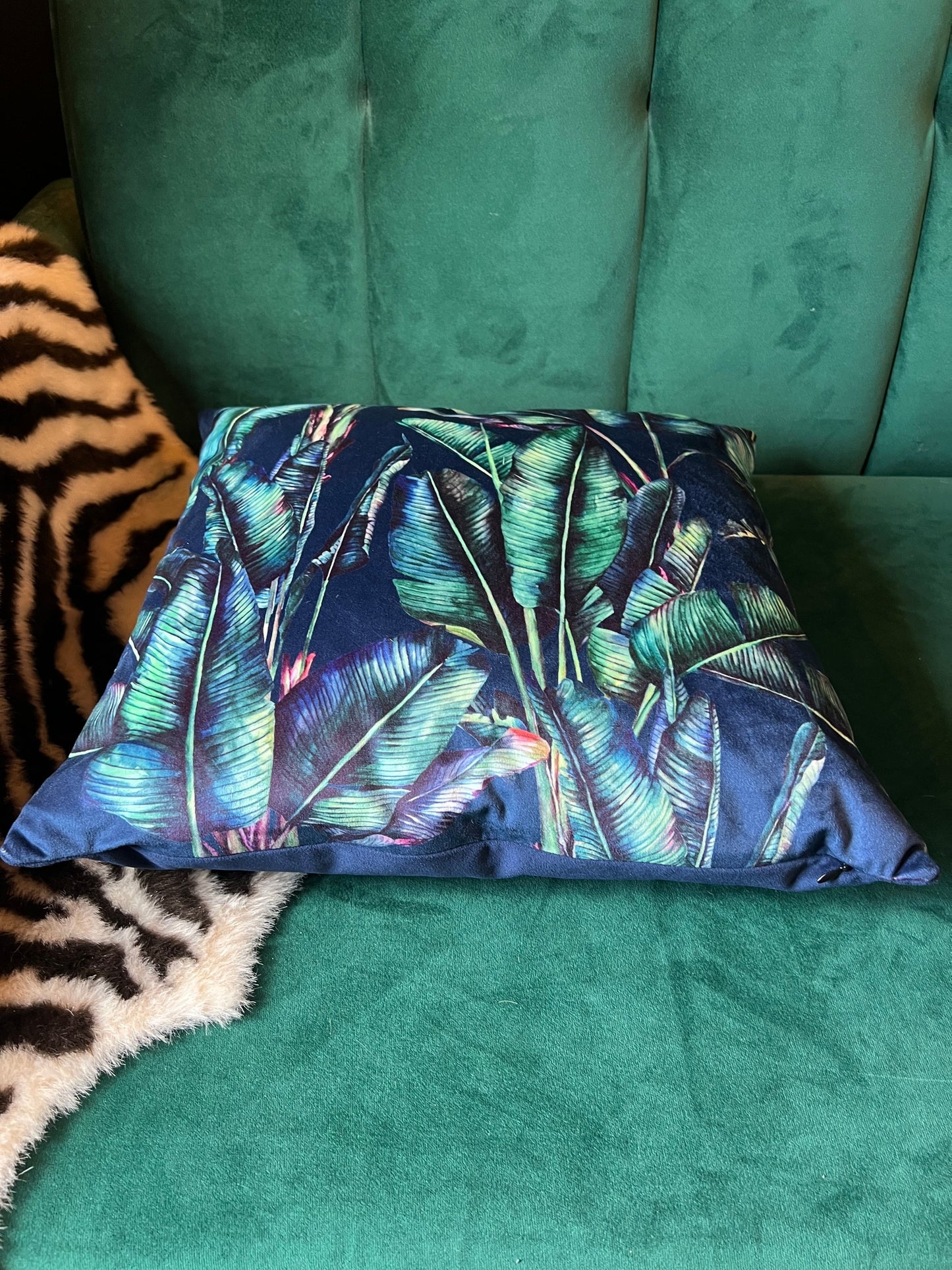 Palm leaf luxury navy velvet jungle cushion