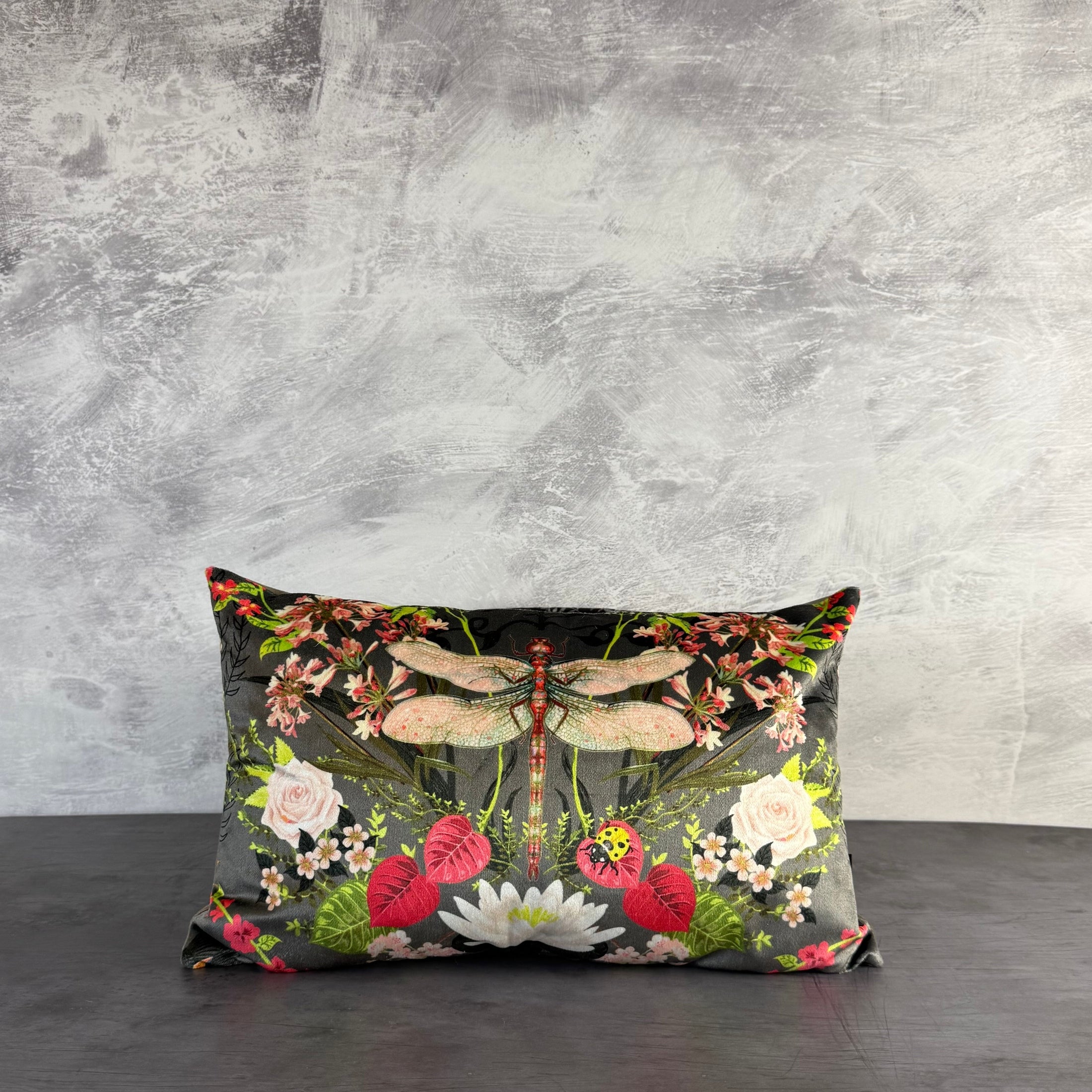 Garden Treasures Dragonfly | Grey Velvet | Handmade | Becca Who| Luxury Cushion