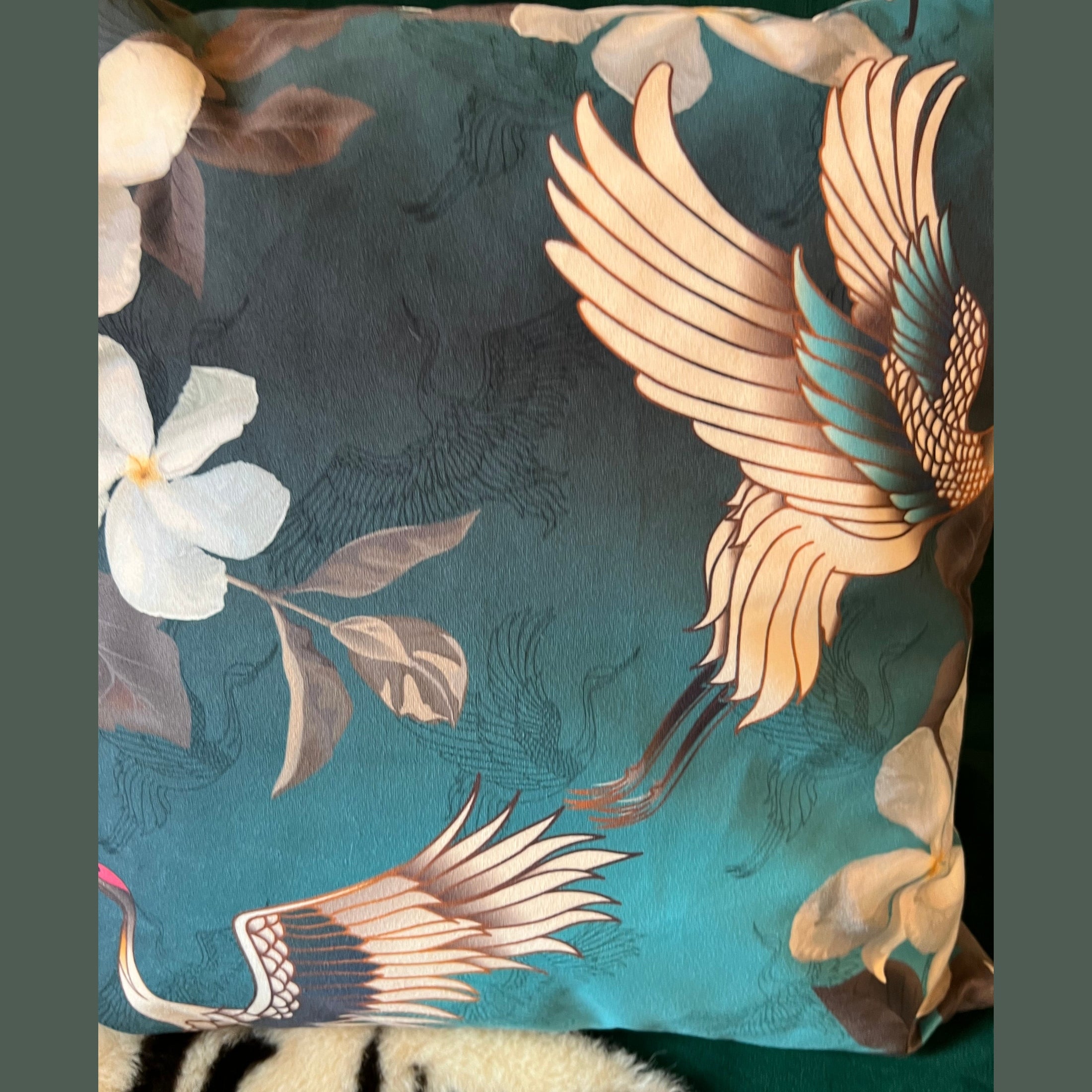 Japanese Cranes | Teal & White Velvet | Cushion