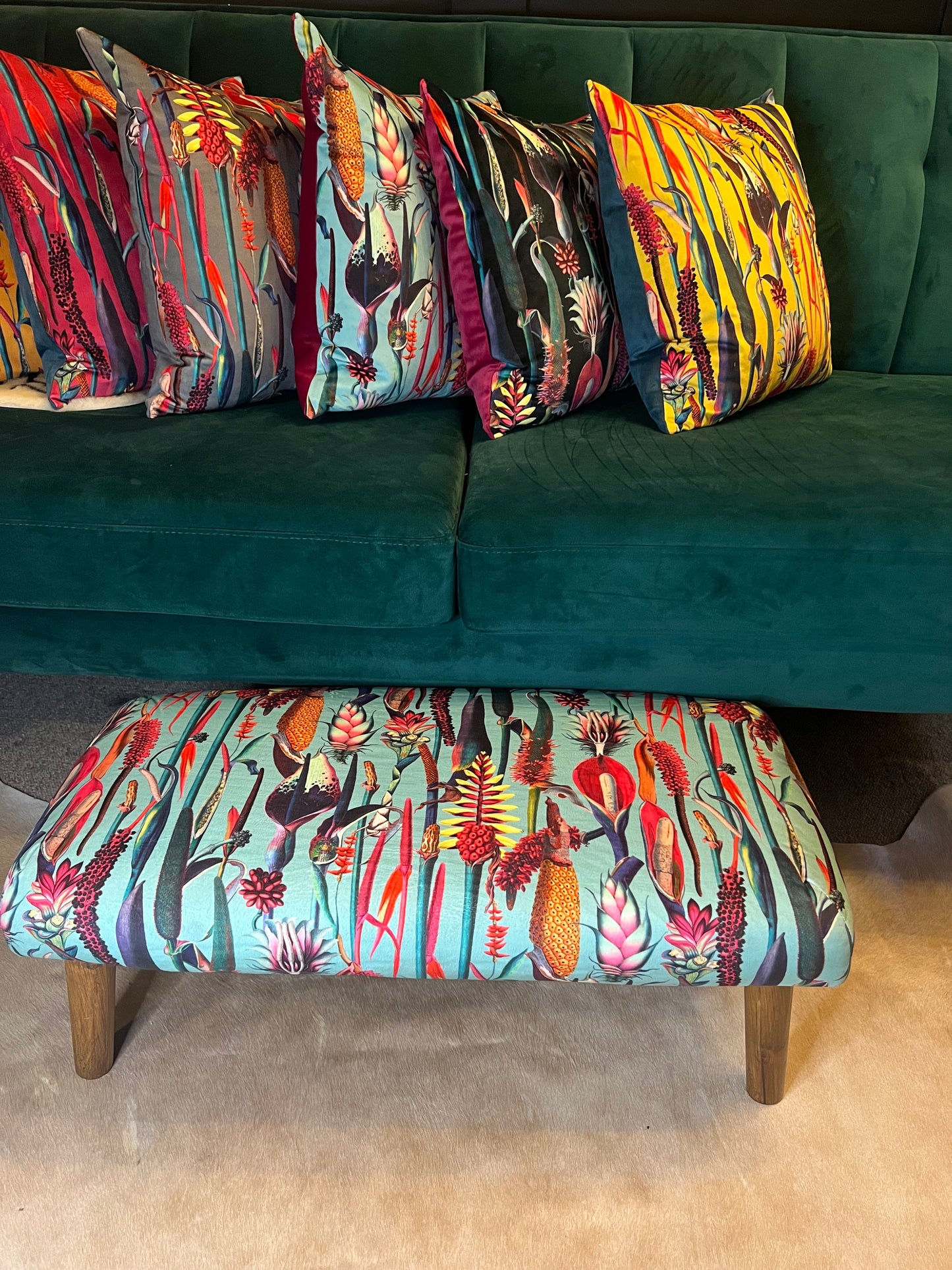 Turquoise botanical lily velvet Footstool