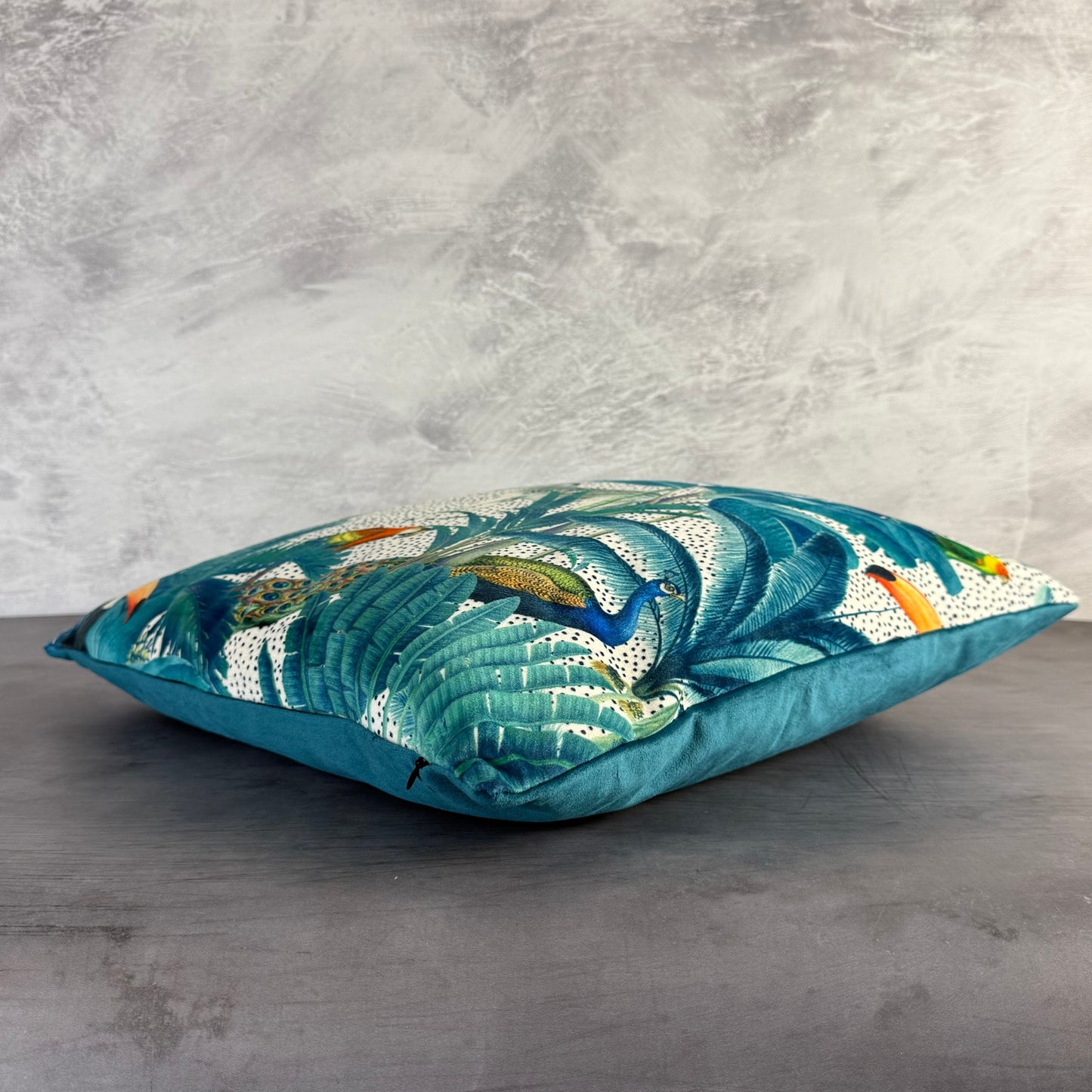Tropical paradise luxury velvet cushion in white, parrot jungle zebra